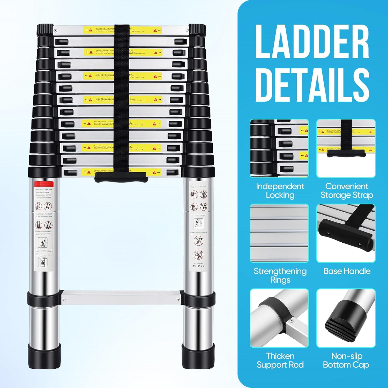 Telescoping Ladder,FAHKNS 16.5 FT Aluminum Extension Ladder, Heavy Duty 330lbs Max Capacity,Folding Compact Portable Anti-Slip Ladder for RV or Outdoor Work