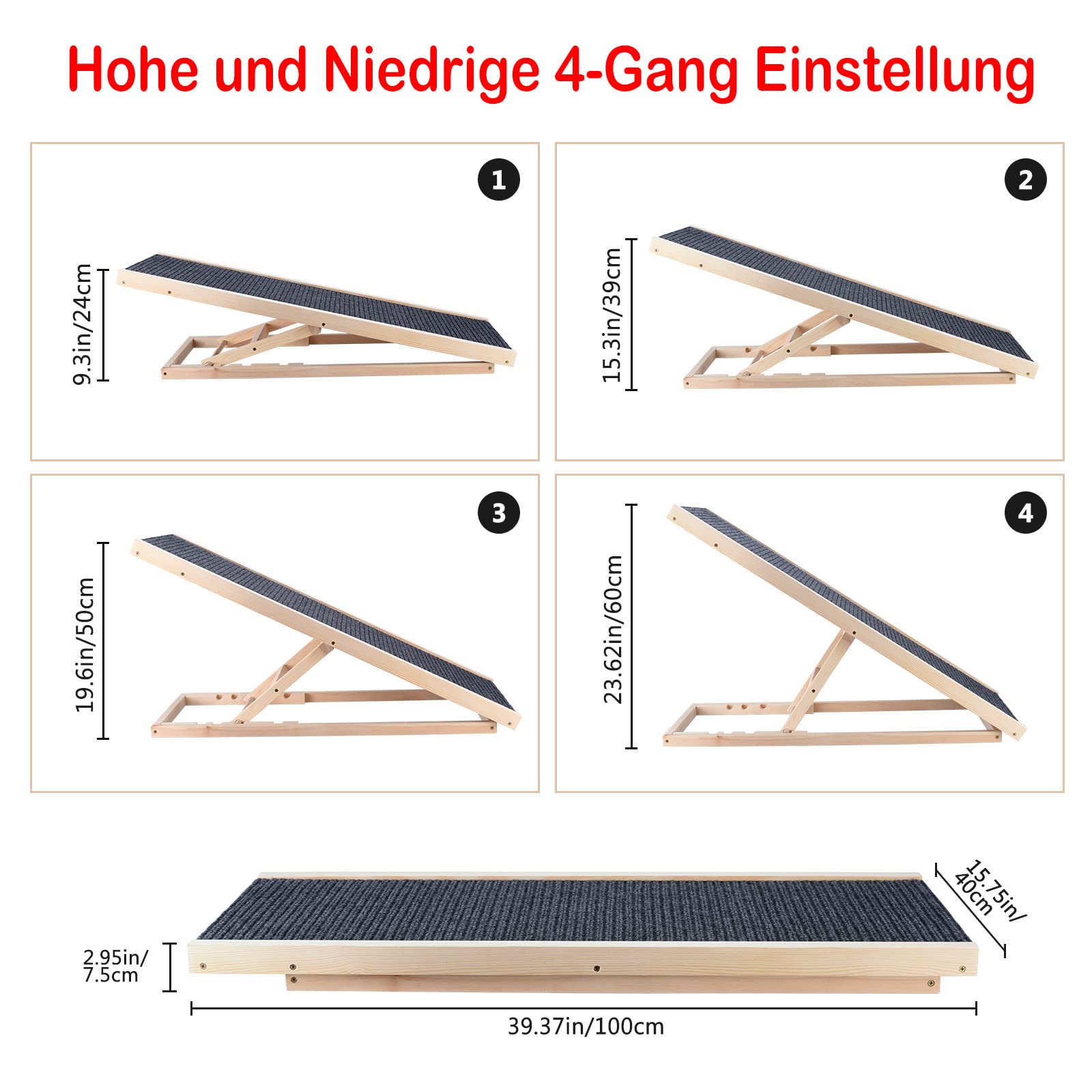 Verstellbare Haustierrampe Für Hunde & Katzen – 101,6 Cm Lang, Höhe Von 22,9 Bis 61 Cm Einstellbar, Rutschfeste Oberfläche, Bis 45 Kg Belastbar