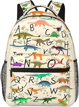 Alphabet Dinosaur School Backpack for Boys Girls Kids Strap Adjustable 16 Inch Waterproof Travel Casual Daypack Lightweight Schoolbag English Alphabet Bookbag