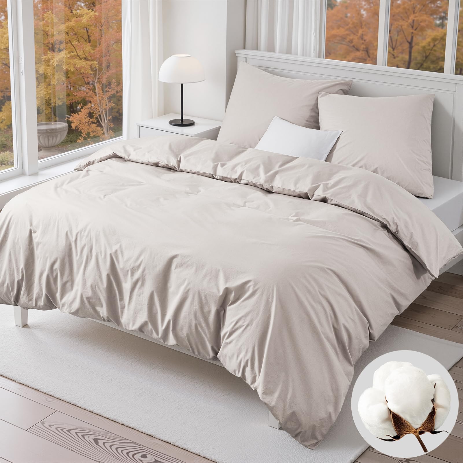 Duvetnova Bettwäsche 200x200 Beige Baumwolle,Bettwäsche Baumwolle 1 Bettbezug 200x200 Baumwolle + 2 Kissenbezüge 80x80