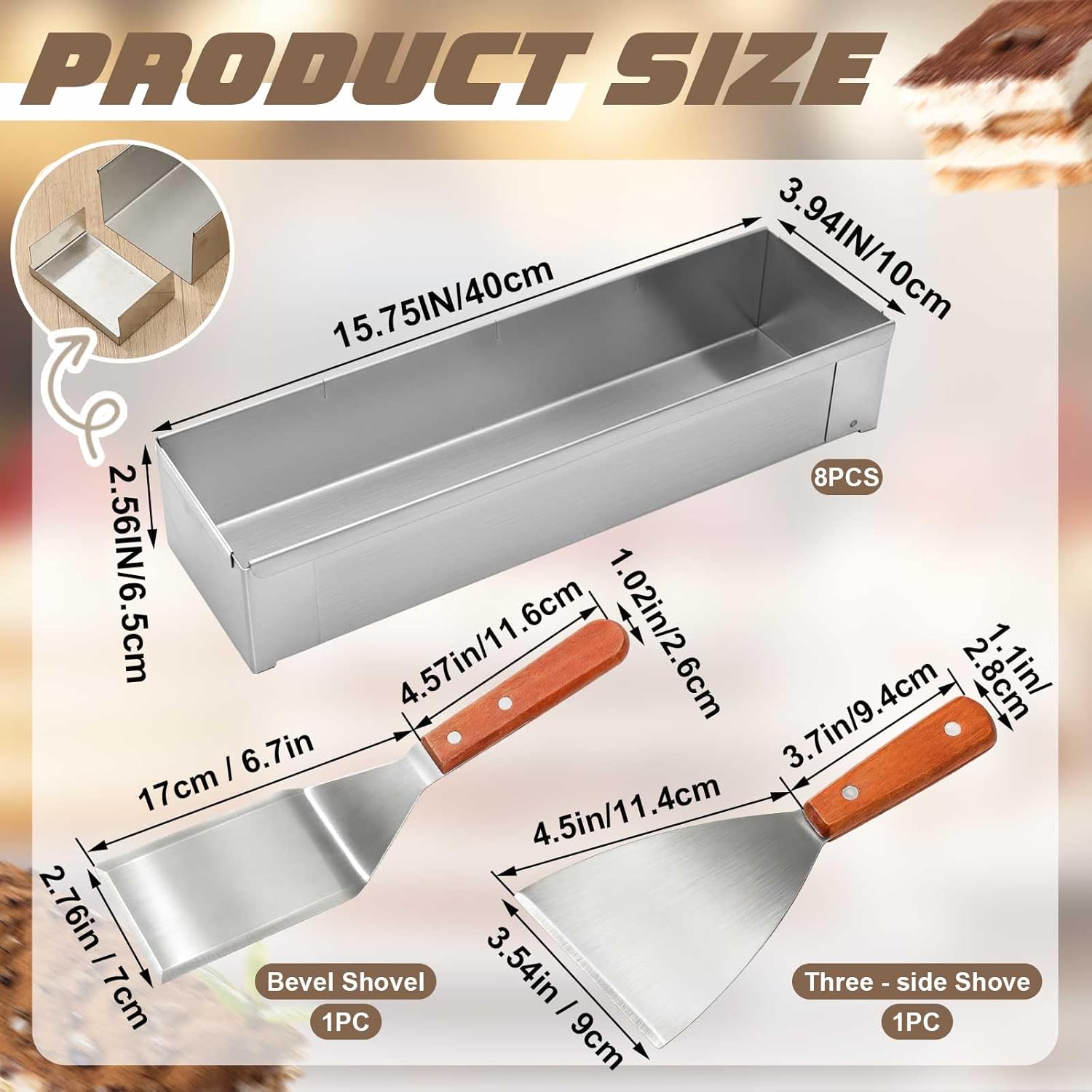 Blushtier 8 Pcs Nonstick Rectangle Tiramisu Cake Pan with Acrylic Lid and 2 Metal Spatula Removable Frame 304 Stainless Steel Cake Baking Molds for Tiramisu Cheesecake Mousse (15.75x3.94x2.56 Inch)