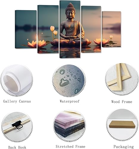 Miniatura 5 de ZXHYWYM Lienzo decorativo para pared, 5 piezas, estatua de Buda, pintura de loto, imágenes de loto, obras de arte de spa zen para oficina,