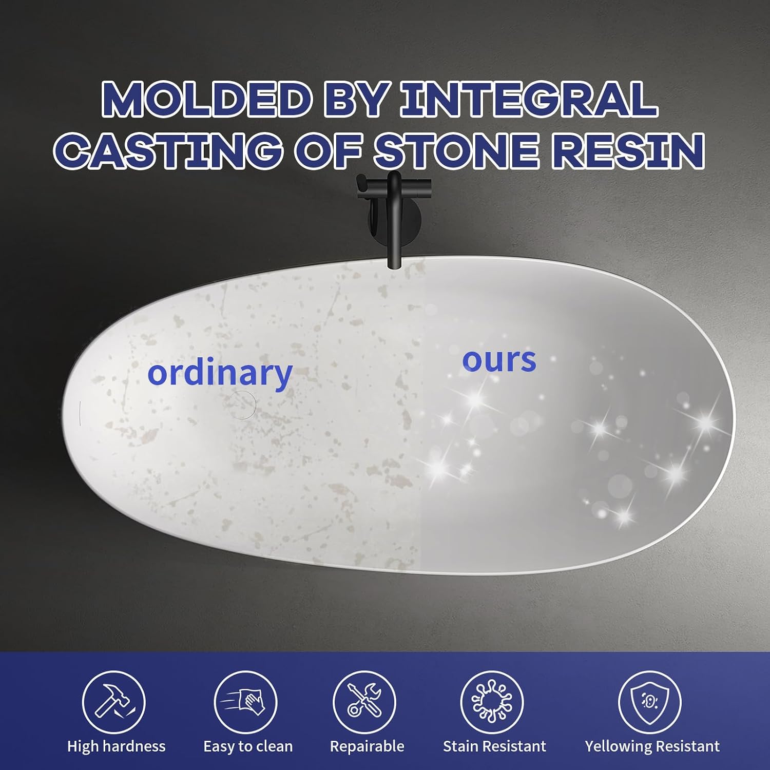 Homevacious 63 inch Stone Resin Bathtub Solid Surface Freestanding Tub with Overflow and Pop-up Drain White Oval Shape Soaking Bathtub