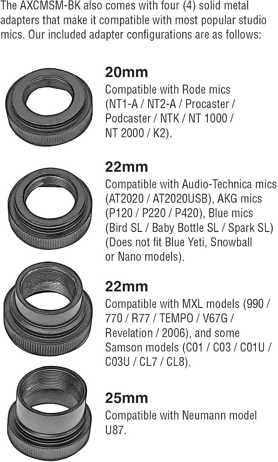 AxcessAbles Universal Microphone Spider Shock Mount with 4 Adapters. Spider Recording Mic Shockmount compatible with Rode NT1-A NT2-A Procaster AT2020 AT2020USB MXL990 770 R77 U87 : Musical Instruments