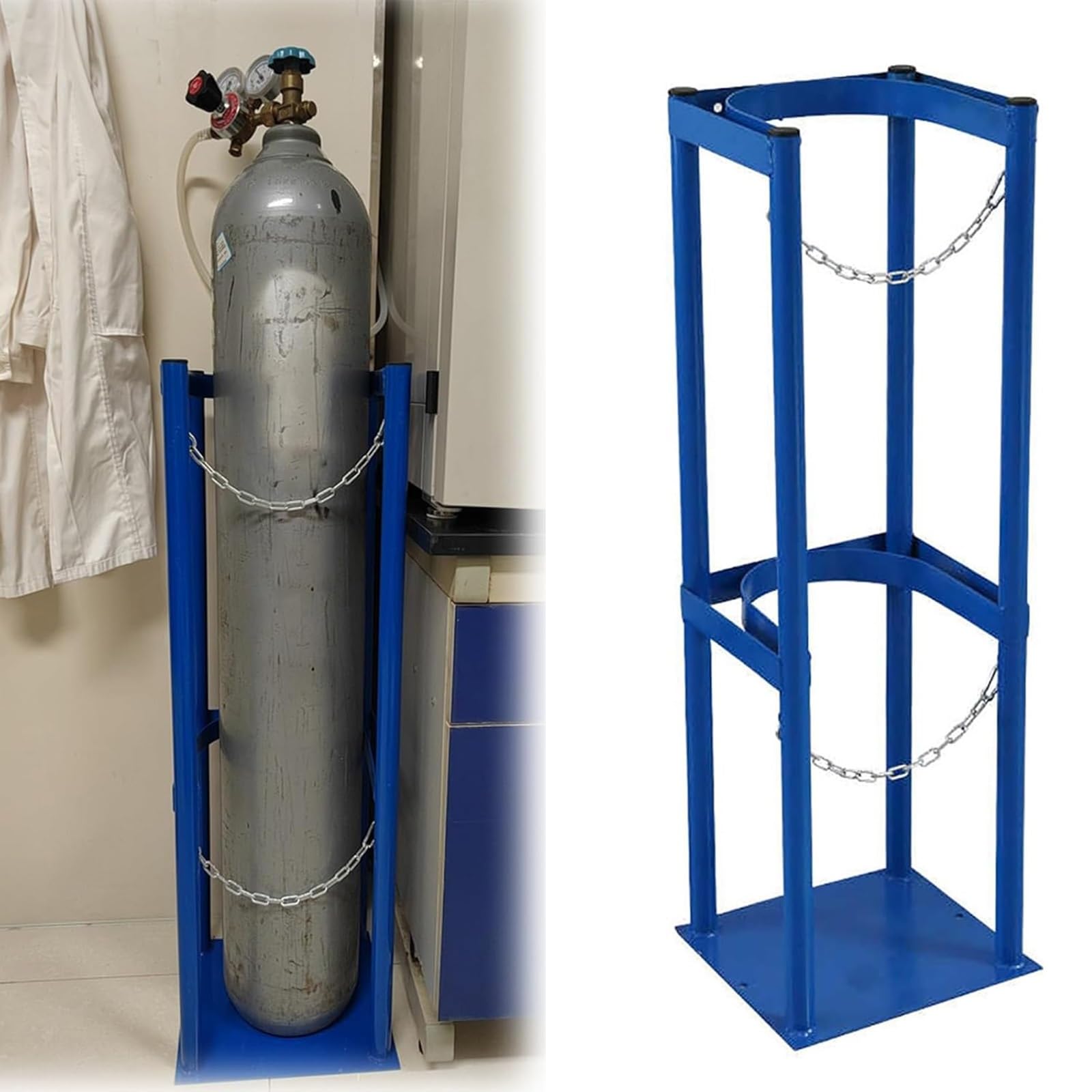 GHHVFEC Oxygen cylinder rack,Floor Mount Bracket for 8/10L Cylinder Tanks - Adjustable Fire Extinguisher Holder for Nitrogen/Argon Storage, Compact 9.8in Blue Cabinet with Protective Chain