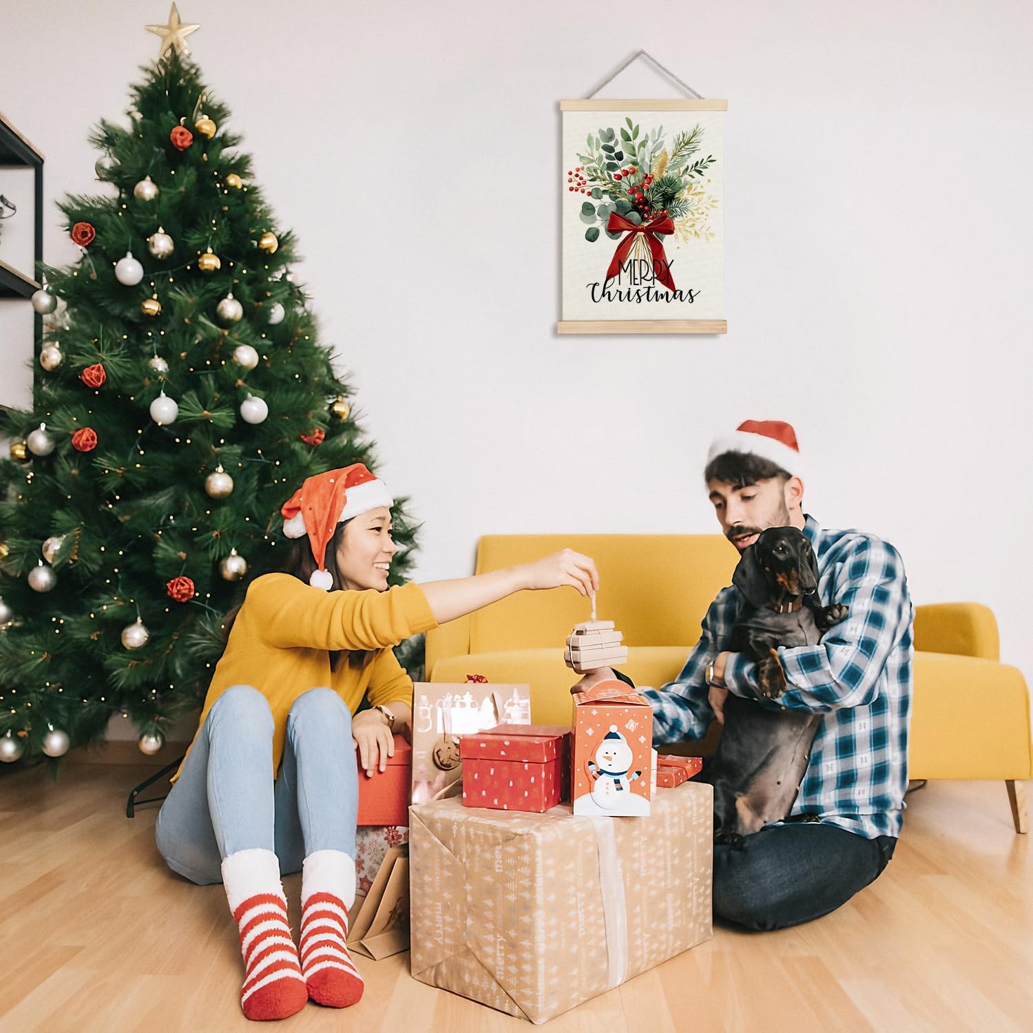 Exqcom Sage Green Christmas Eucalyptus Wall Decor, Christmas Red Bow Berries Bouquet Wall Art Poster, Winter Holiday Xmas Posters for Home Bathroom Kitchen Living Room, 12x16 Inches - Image 2