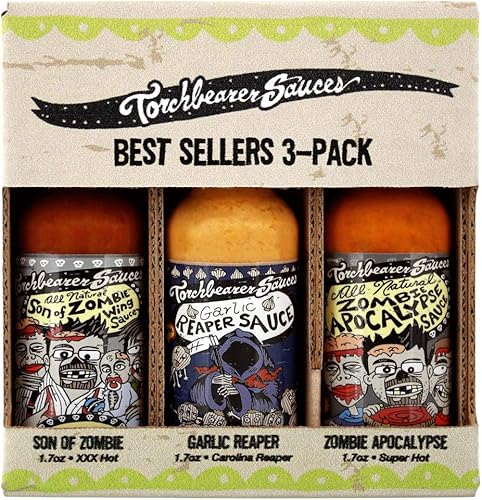 Torchbearer Sauces Best Sellers - Juego de 3 mini salsa picante 17 onzas cada uno Apocalipsis zombi segador de ajo hijo de zombi