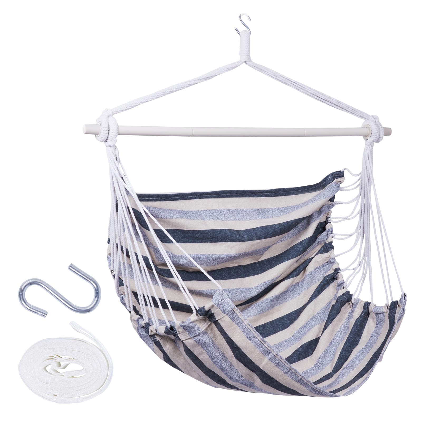 Backyard Expressions Striped Hammock Chair Hanging Rope Swing Chair, Anti Slip Steel Spreader Bar