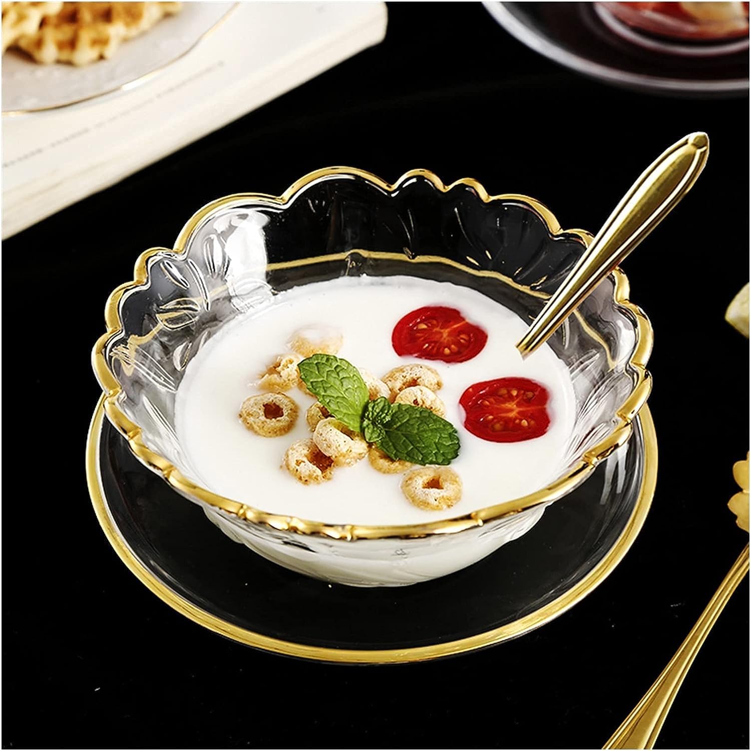 Saladier Bol à fruits, saladier, bols en verre Fournitures de vaisselle nordiques Bol à fruits en verre écologique avec incrustations dorées Bol à dessert Bol à salade Bols à bonbons(Bowl Only)