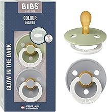 BIBS Colour Symmetrical Glow Pacifier 2 Pack | BPA-Free | Symmetrical Shaped Teat | Natural Latex | Size 1 (0-6 Months), Sage Glow/Cloud Glow