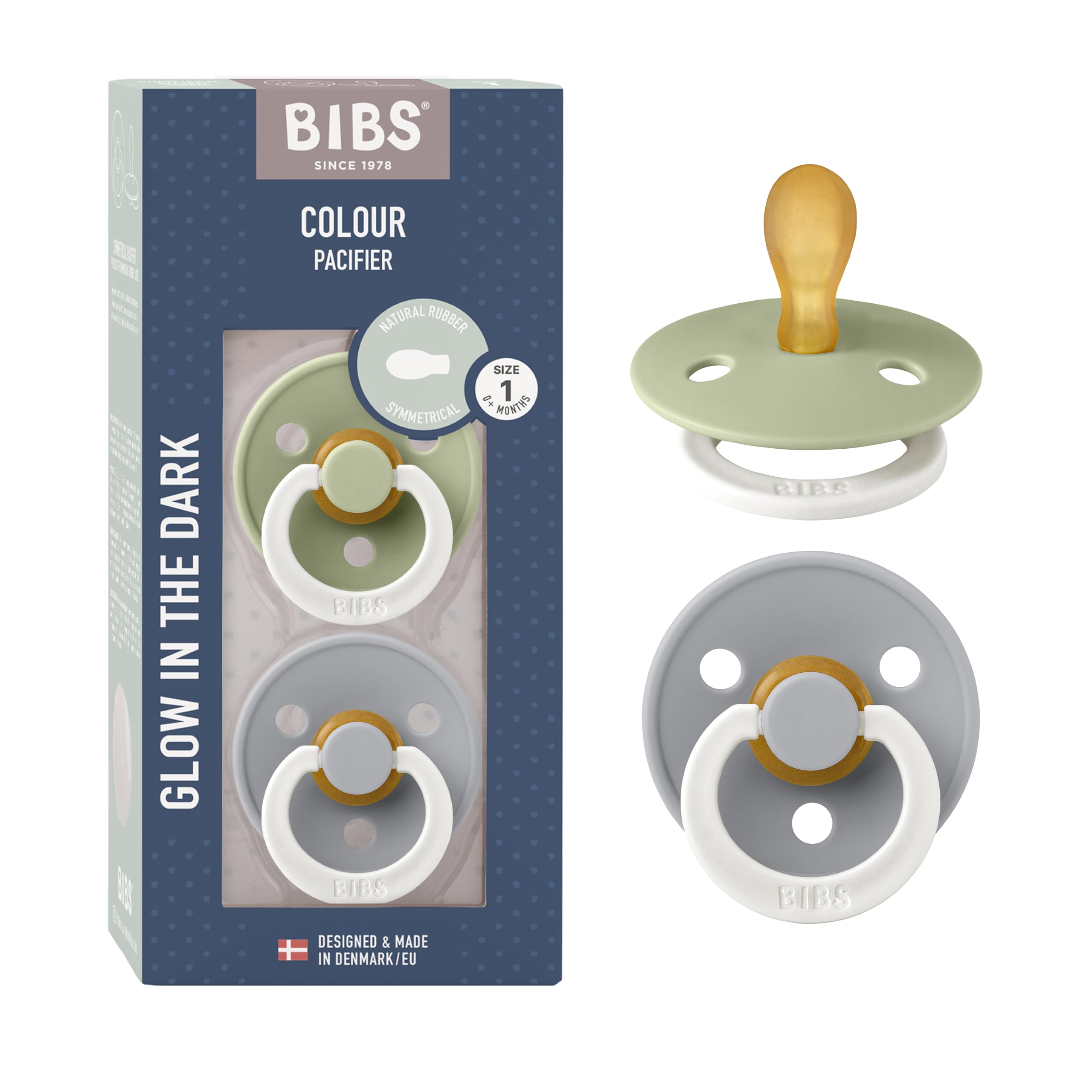 BIBS Colour Symmetrical Glow Schnuller 2er-Pack, BPA-frei. Leuchtet im Dunkeln, Symmetrischer Nippel. Naturkautschuk/Latex, Hergestellt in Dänemark. Größe 1 (0-6 Monate), Sage Glow/Cloud Glow