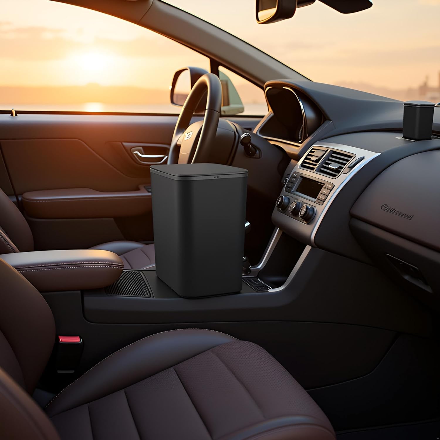 Mini Car Trash Can with Press Lid, Leakproof One-Piece Design, ABS Plastic Garbage Bin with Stainless Steel Spring for Auto Interior (Black)