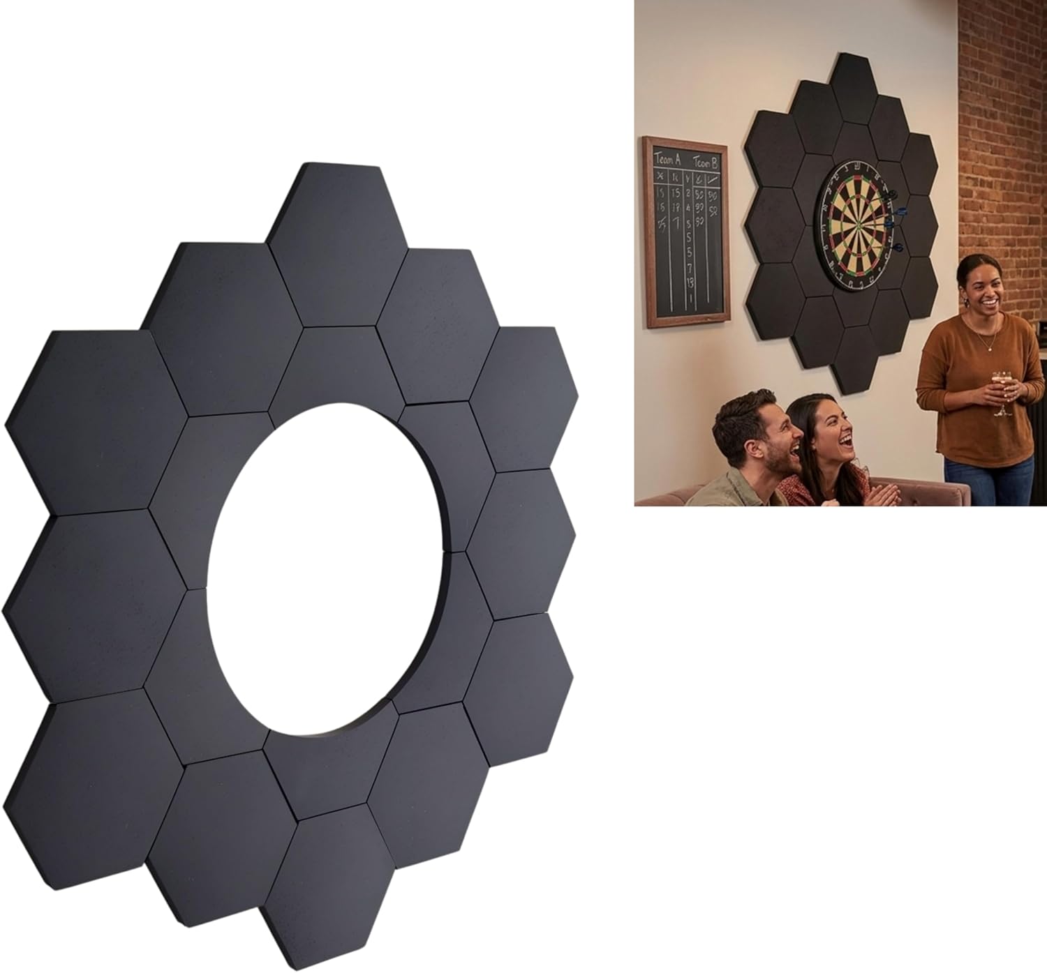 Self-Adhesive Dart Board Wall Protector, 18 PCS Hexagonal Dartboard Surround Ring, 41x38in DIY Puzzle Backboard, High-Density EVA Foam Wall Shield for Clubs, Bars & Home Game Room