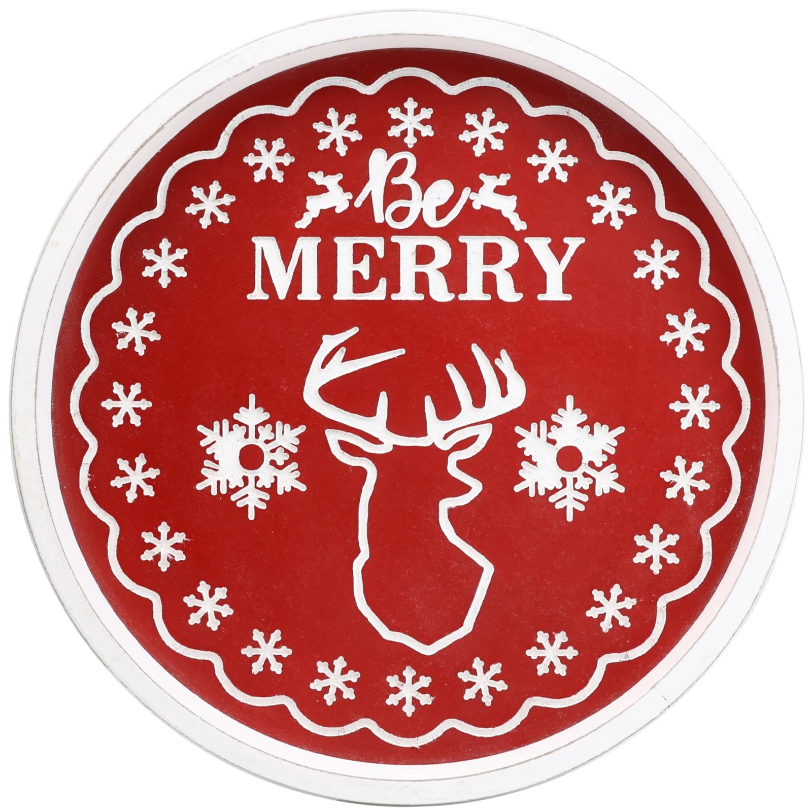 Hrastany Christmas Reindeer Wood Decorative Ottoman Tray for Coffee Table Kitchen Counter, Living Room, Round Handcrafted Red Wooden Serving Tray for