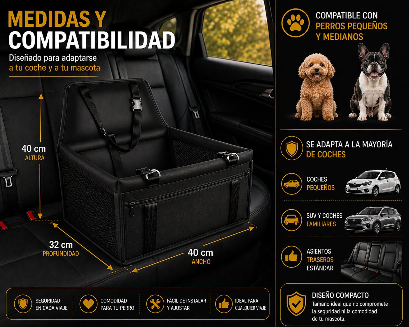 Asiento Perro Coche cómodo y Estable para Viajar sin Preocupaciones, transportín para Perros con Base rígida Antideslizante e Impermeable, Incluye Correa de sujeción, Apto también para Gatos