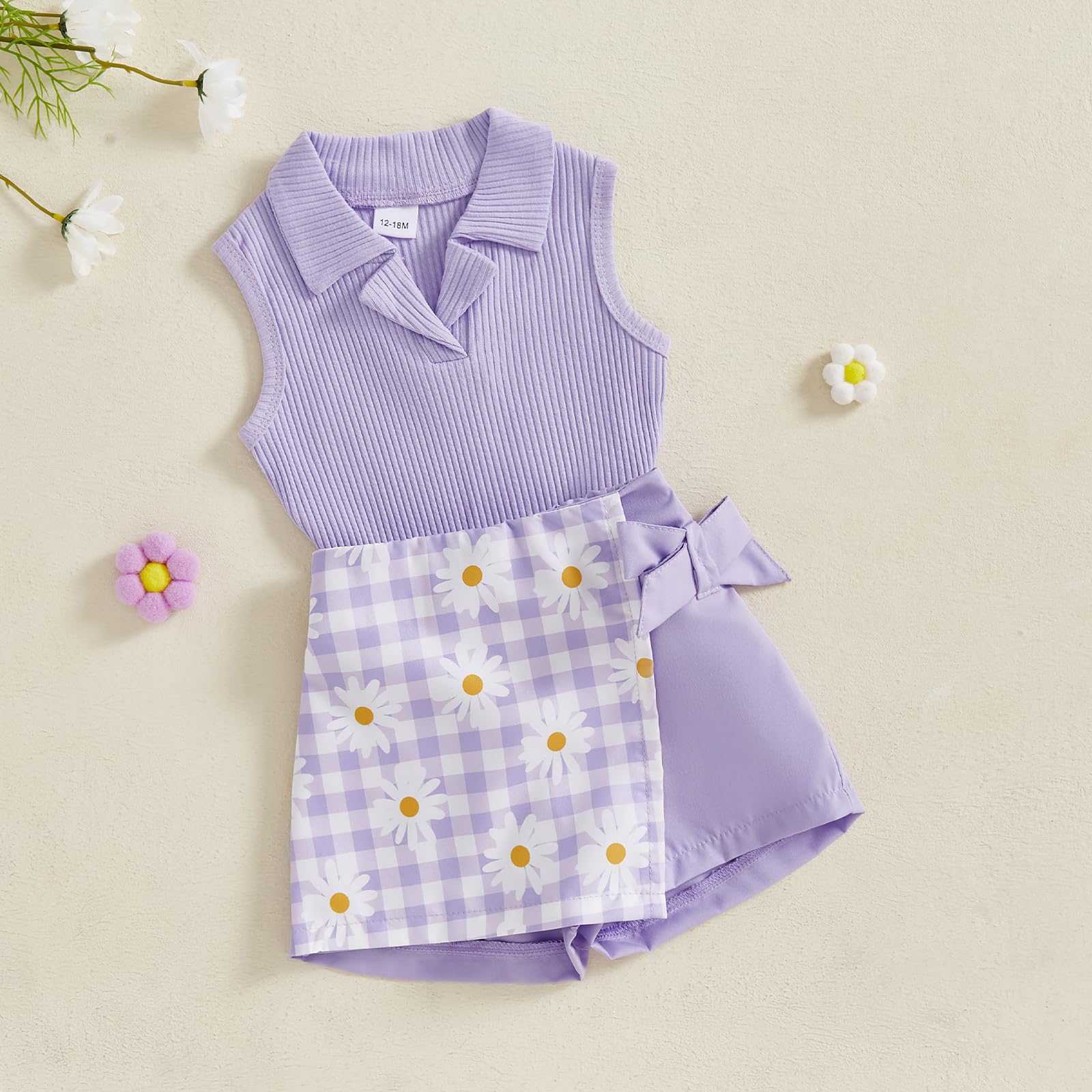 Ayalinggo Toddler Baby Girl Outfit Solid Color Knit Ribbed Sleeveless Collared Tank Tops Floral Shorts Set Kid Summer Clothes (Purple, 4-5T)