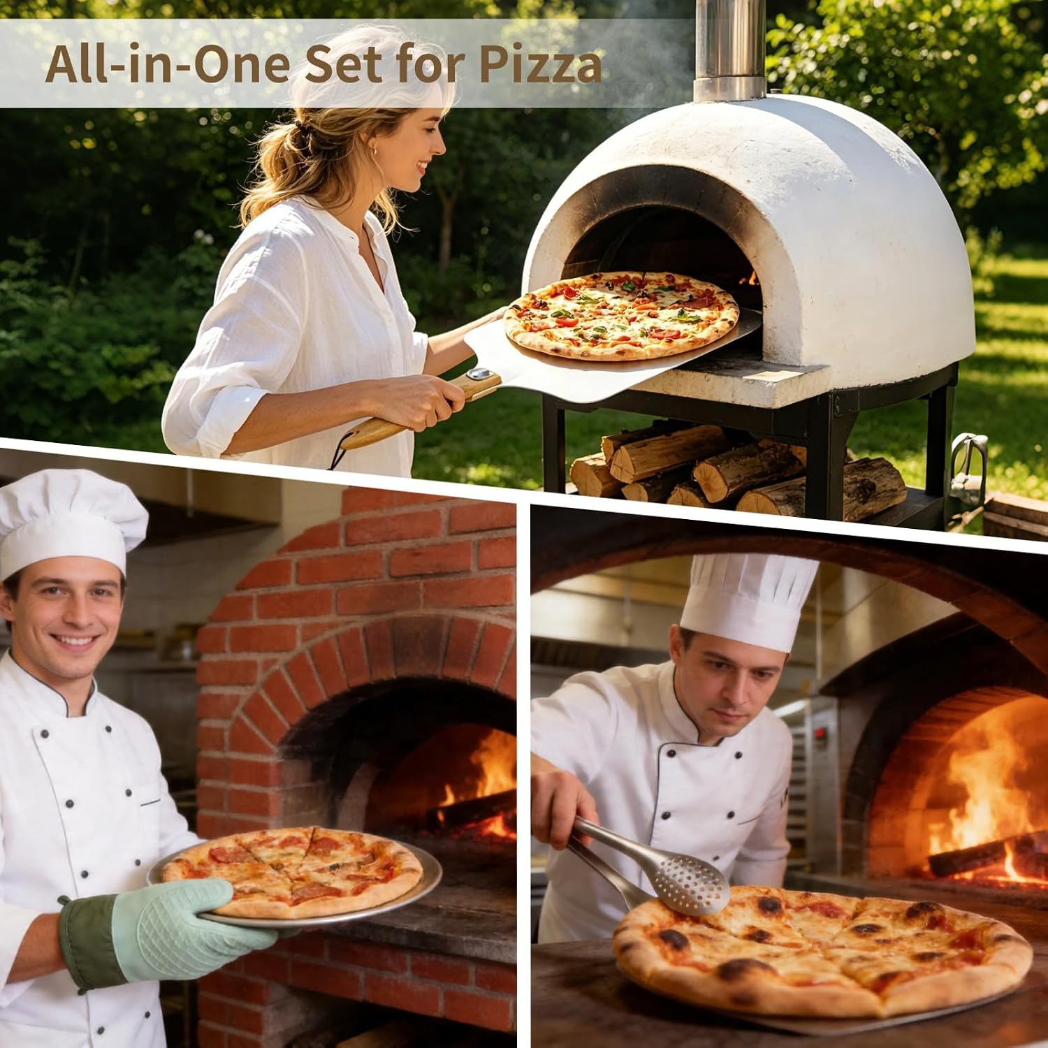 6 PCS Pizza Peel Metal Pizza Spatula Kit - 12 x 14 in Stainless Steel Pizza Paddle with Wooden Handle, Home Baking Oven Accessories with Rocker Cutter Round Pan Server Tongs Oven Mitts