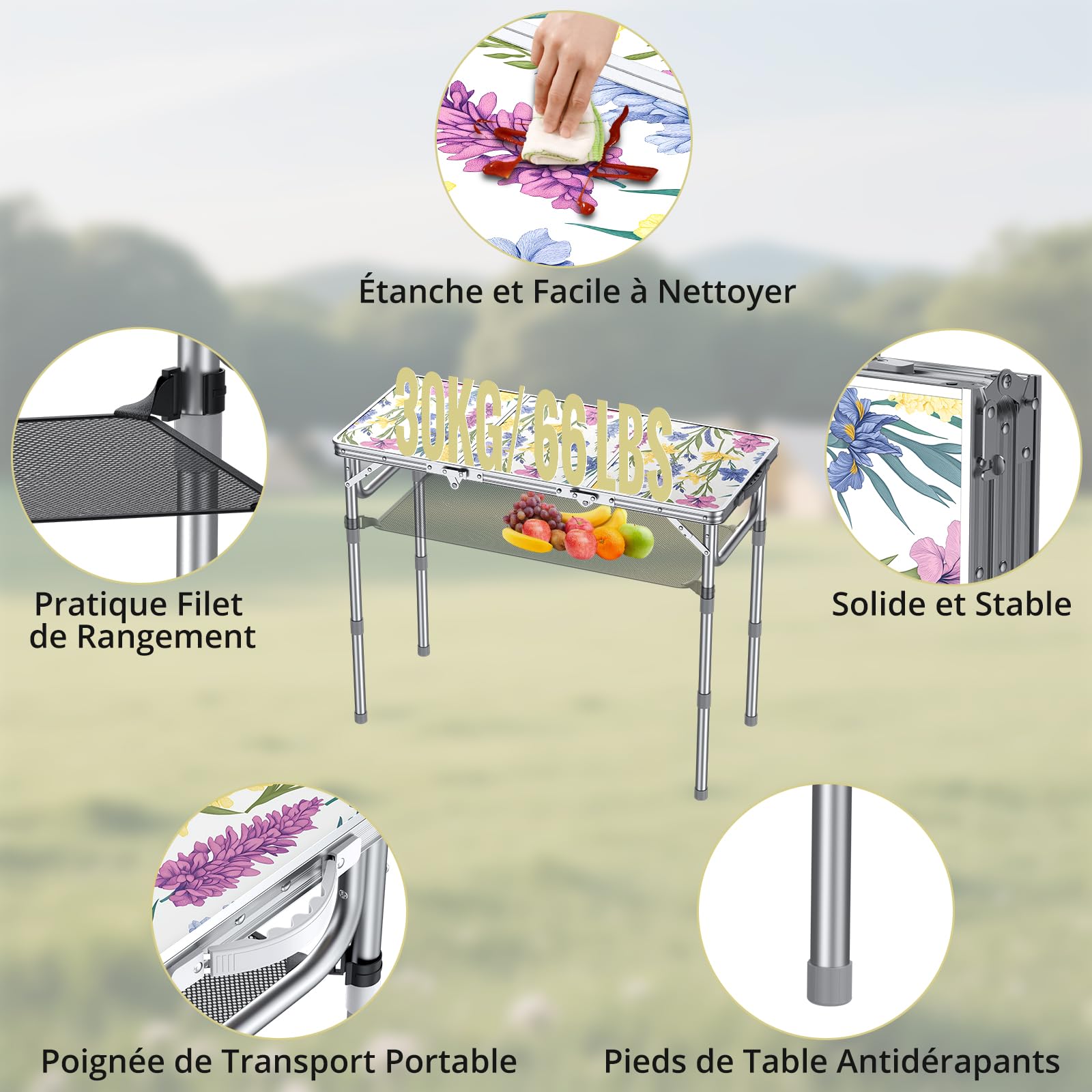 Anbte Table de Camping Pliante, Pique-Nique Table Pliante avec Rangement Net Table Portable 3 Hauteur en Aluminium+MDF pour Extérieur/Intérieur Plage Camping (Fleur)
