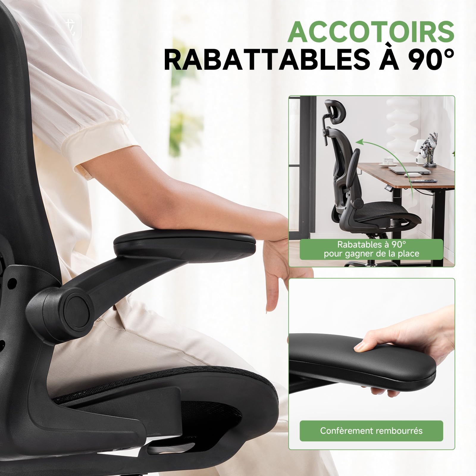 GTPLAYER Chaise de Bureau Ergonomique, Fauteuil avec Appui-tête Réglable, Accoudoirs Rabattables, Soutien Lombaire,Chaise de Gaming Fonction Bascule, Siège Rembourré en Maille Respirante,150 kg (Noir)
