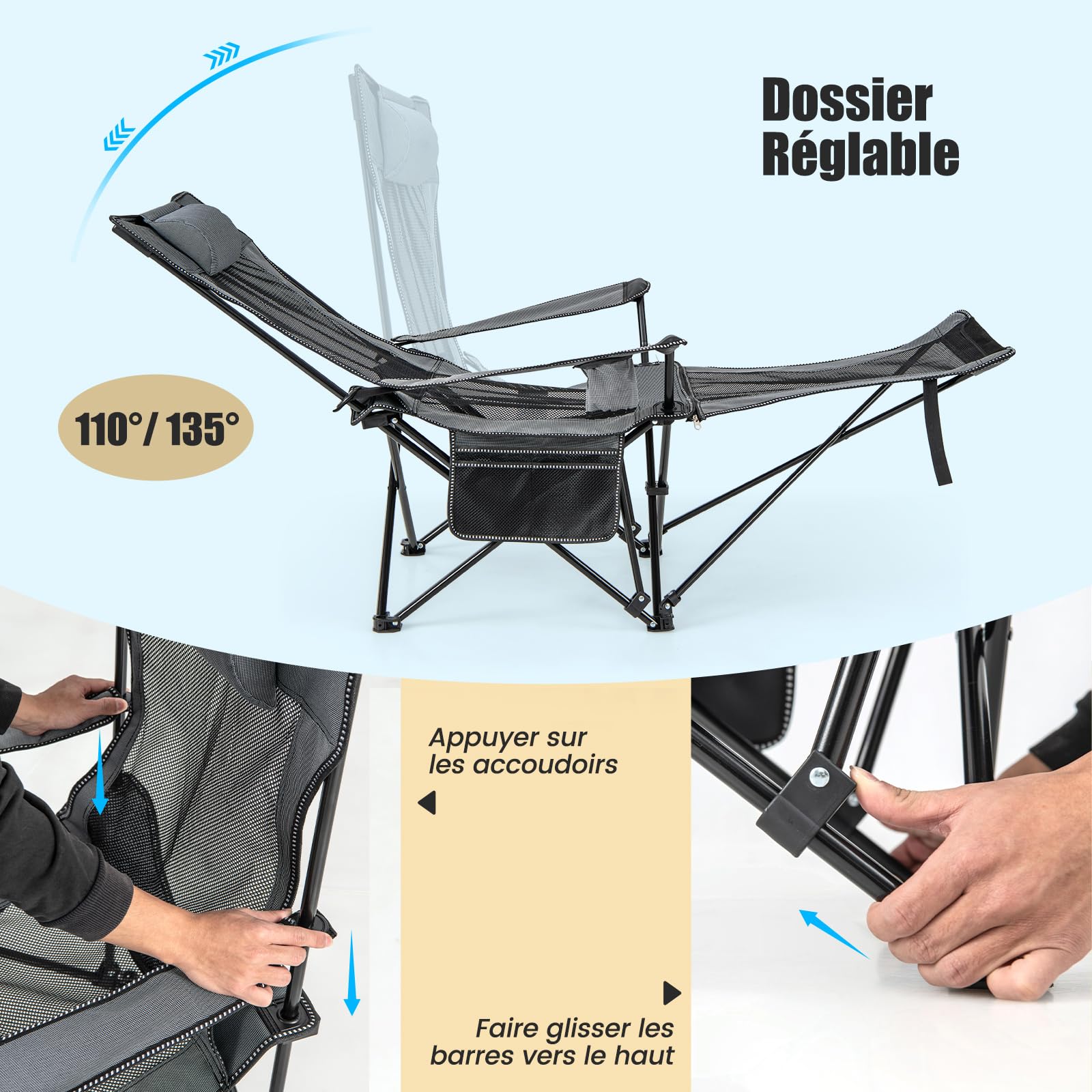 COSTWAY Chaise Pliante Camping, Chaise Longue Réglable sur 4 Positions, Repose-Pieds Amovible, Appui-Tête, Poche, Porte-Gobelet, Fauteuil Inclinable pour Plage Pêche Bureau, Charge 150 KG, Gris