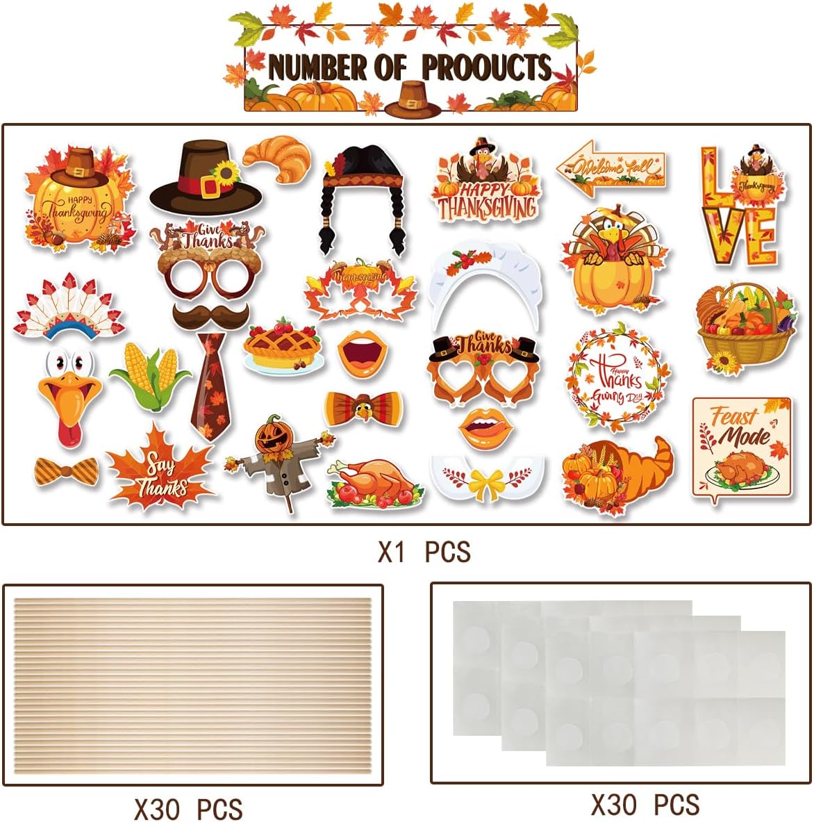 30 Pcs Thanksgiving Day Photo Booth Props Set, Fall Harvest Festival DIY Selfie Photo Prop Kits with Sticks for Fall Thanksgiving Party Decoration
