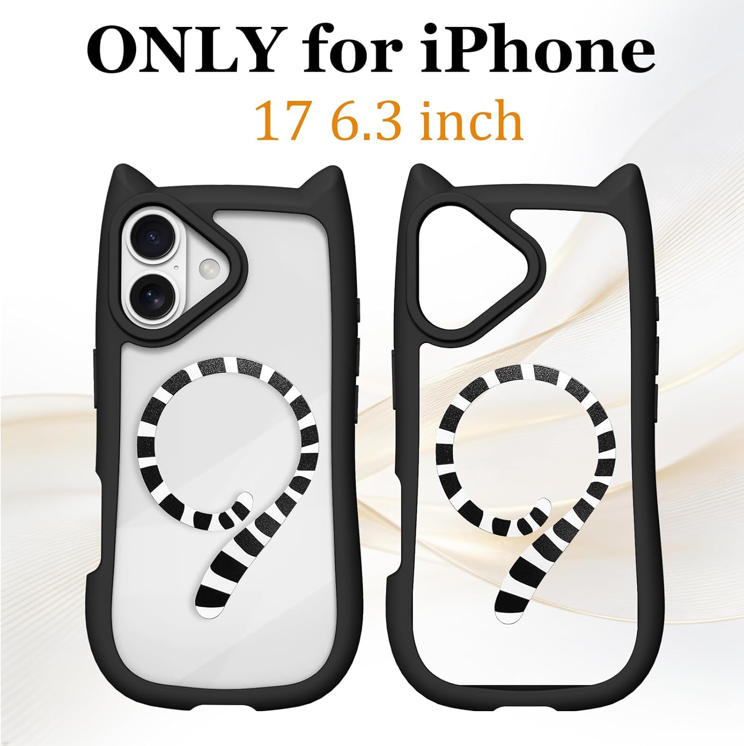 Cute Cat Case for iPhone 17, Compatible with MagSafe, 3D Cat Ear Design with Tail, Soft Bumper and Hard PC Back, Anti-Scratch Shockproof Animal Phone Cover for Women Girls, Black