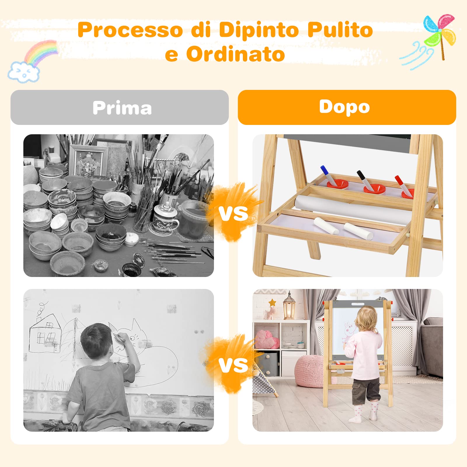 RELAX4LIFE Lavagna Bifacciale con Cavalletto per Bambini, Cavalletto Pieghevole in Legno di Pino con Altezza Regolabile, Lavagna Nera e Bianca Magnetica con Ripiano e Accessori, Cavalletto Portatile