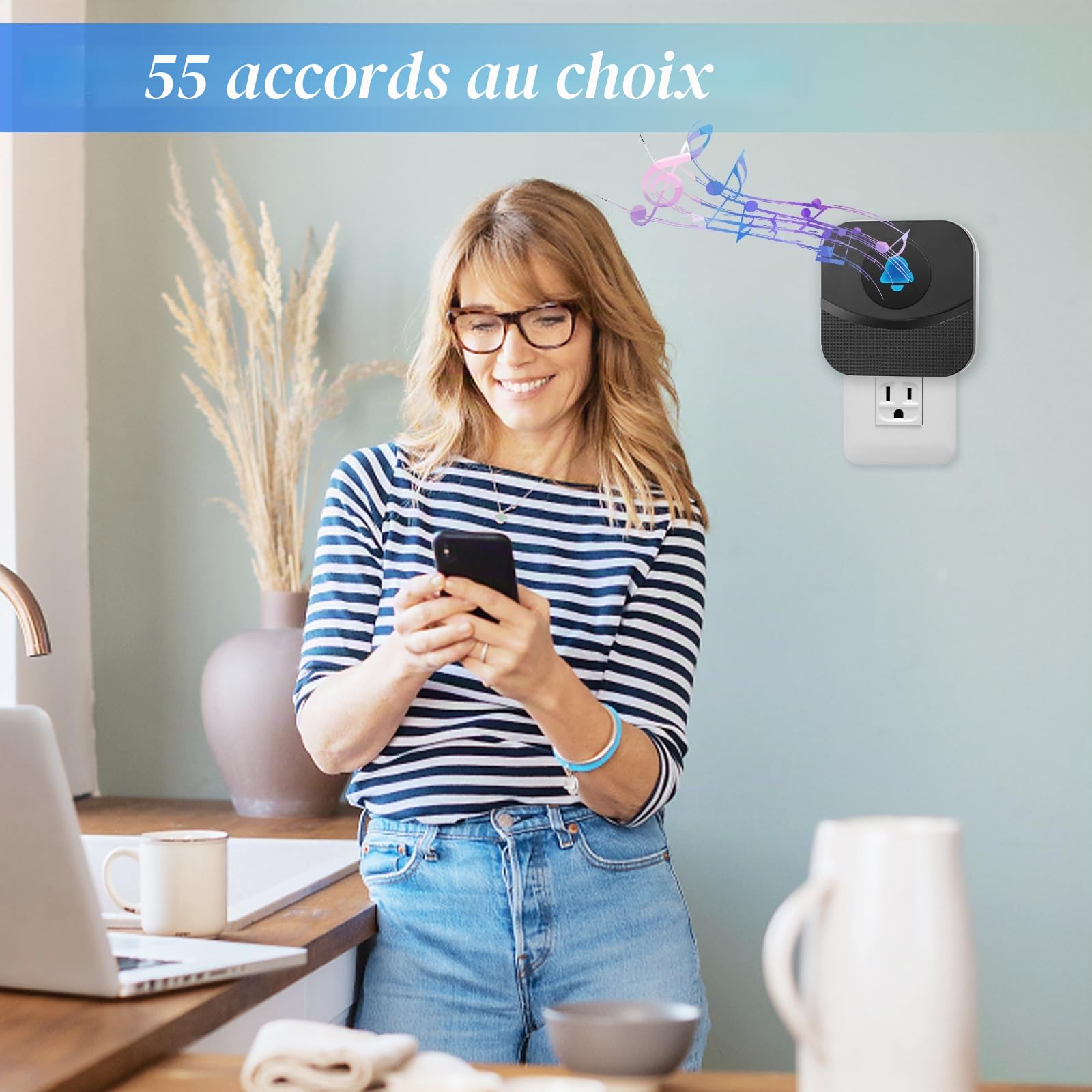 VFANDV Sonnette Sans Fil, IP55 Bouton de Sonnette 400M Longue Portée Exterieur Étanche Electronique avec 2 Récepteurs 55 Mélodies Kit de Carillon Electronique LED Bleu