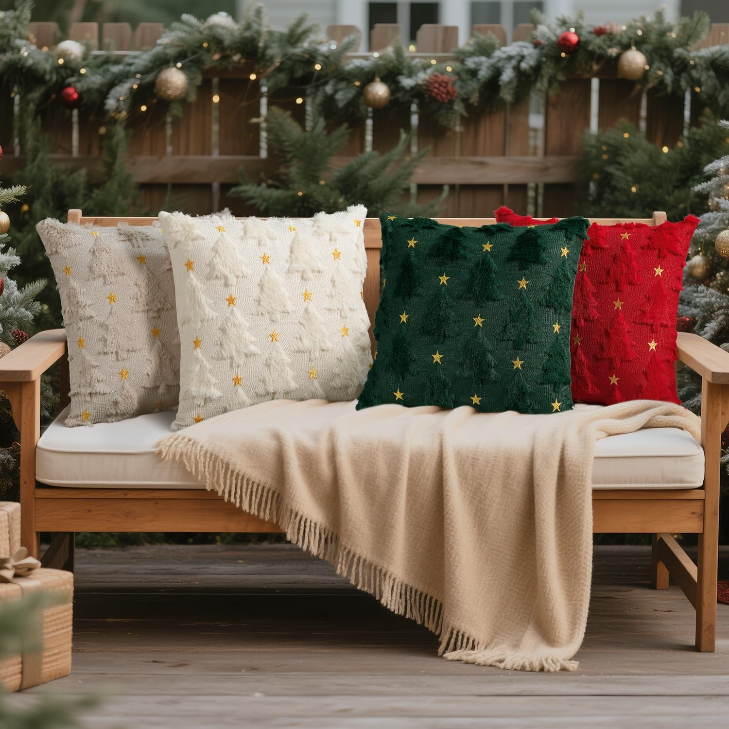 Artmag Christmas Pillow Covers 24 x 24 inch Set of 2 Cream White Christmas Tree Star Pillow Cases Soft Plush Faux Fur for Holiday Winter Home Coach Sofa Decorations - Image 3