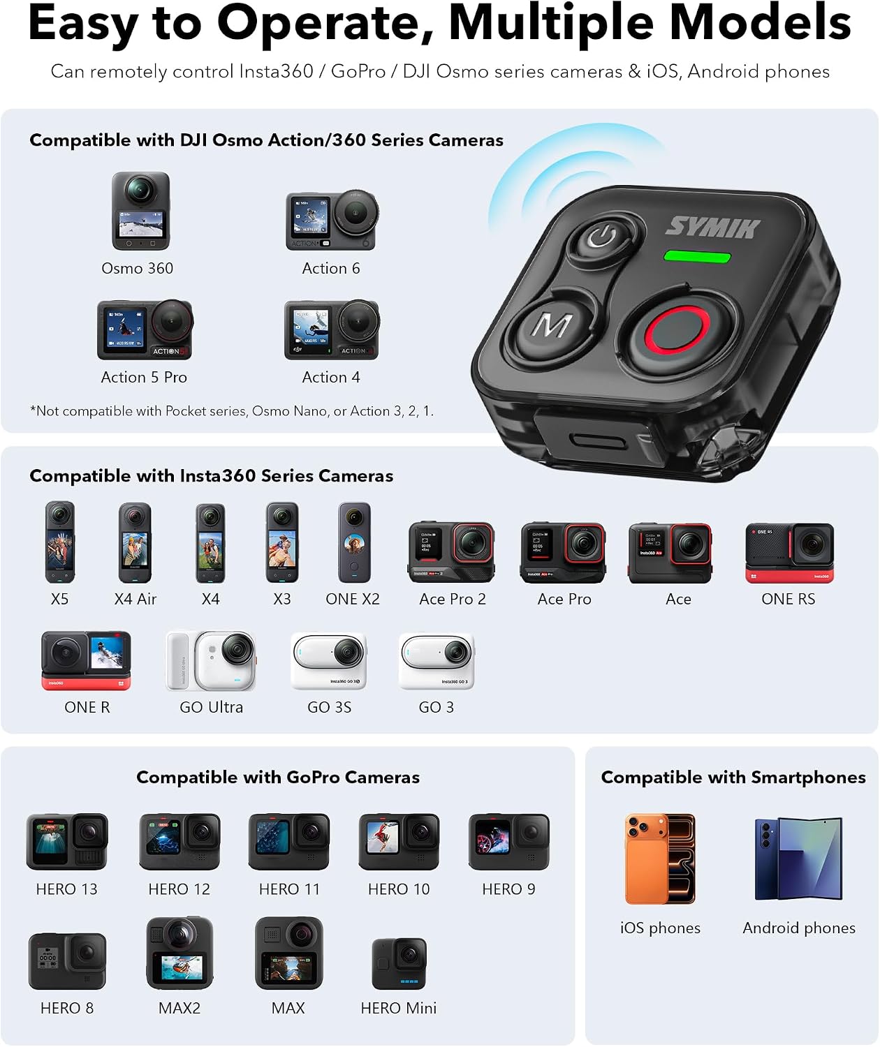 SYMIK Remote Control for Insta360, Bluetooth Remote for GoPro and DJI | Universal Shutter Remote Control for DJI Action Camera & Phone, Splash Resistance, Rechargeable, 230ft Range, 120-H Battery