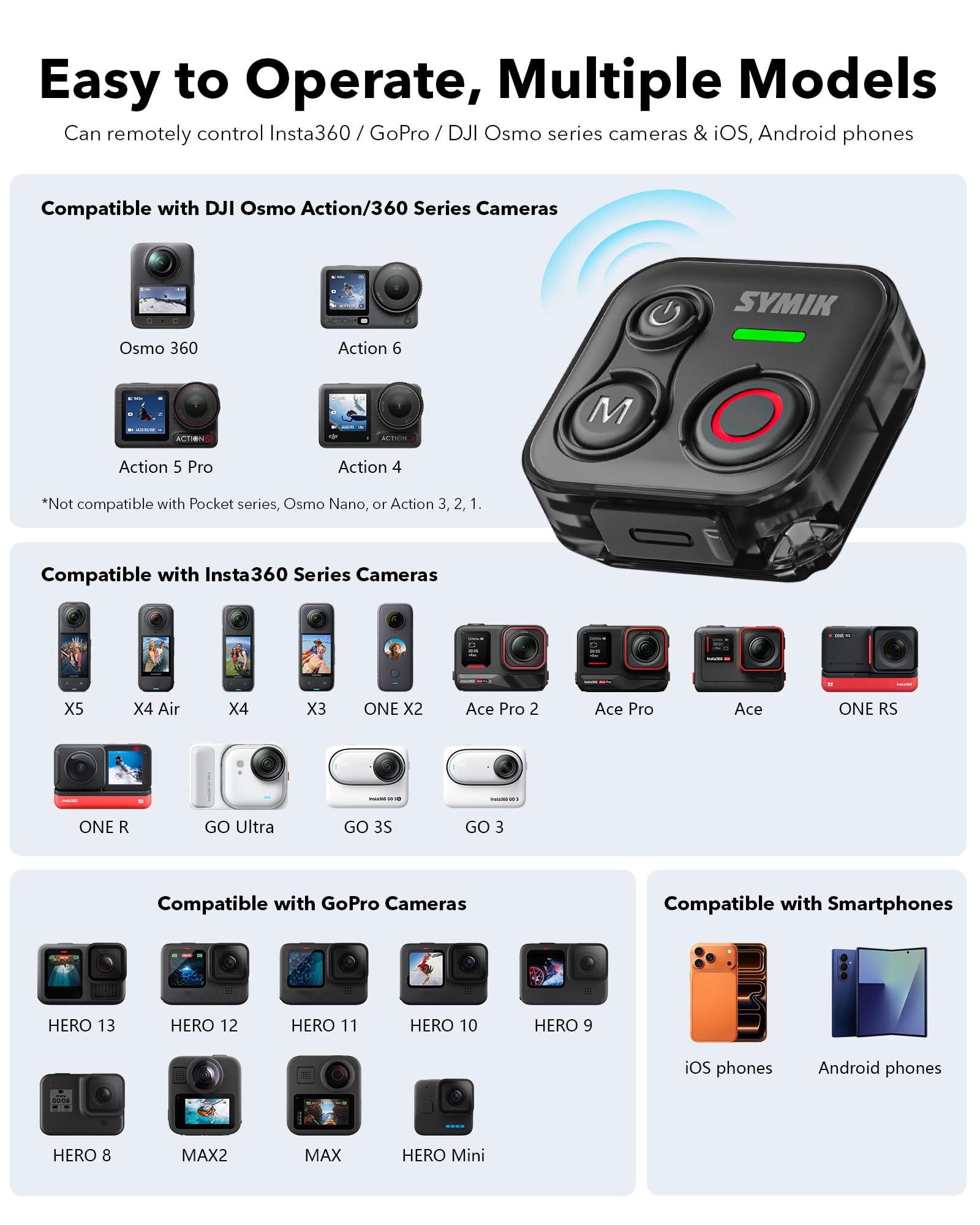 SYMIK Telecomando Universale per Insta360, GoPro, DJI, Smartphone | Controller Bluetooth per Scatto di Action Cam, Resistenza agli Schizzi, Portata 70m, Batteria 120h, Ricarica Type-C