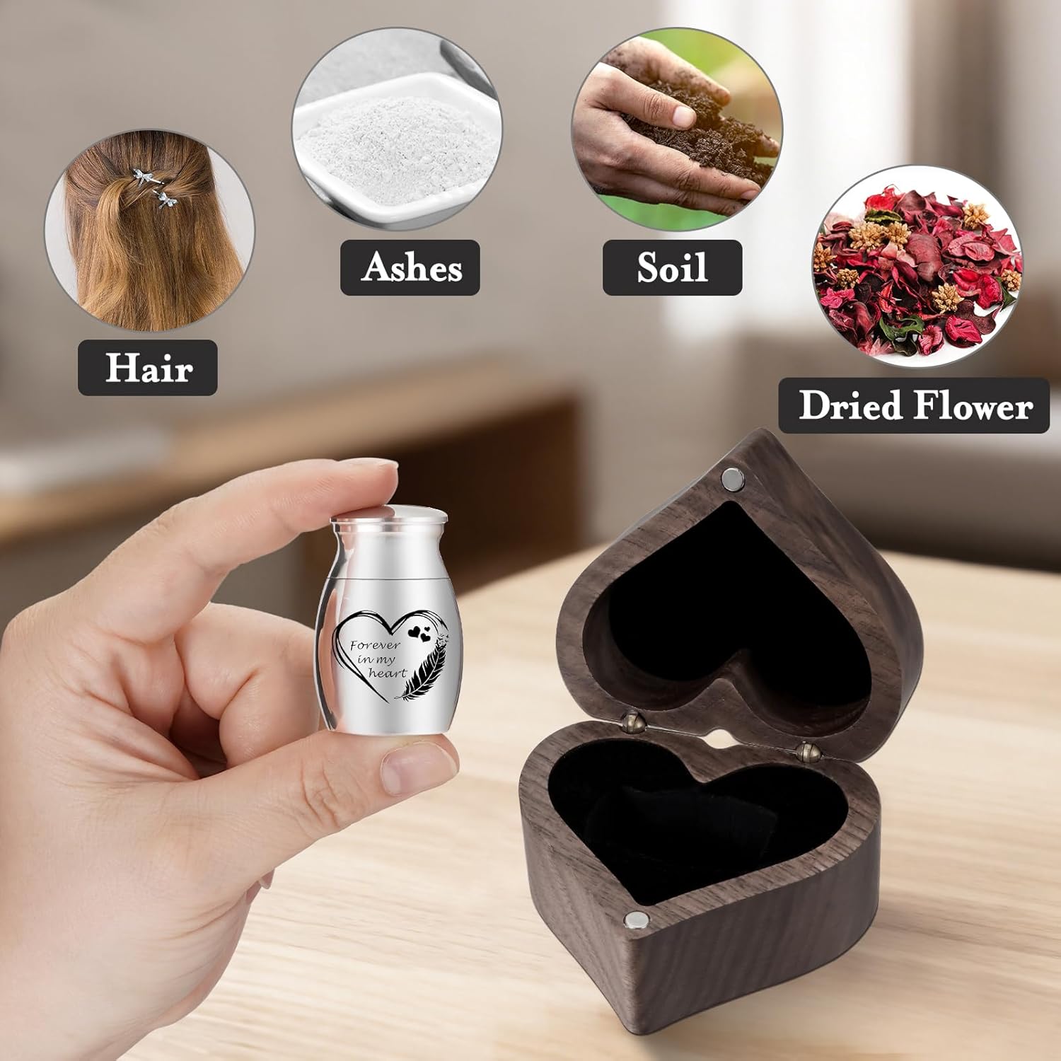 XIUDA Wooden Mini Memorial Small Urns for Ashes Stainless Steel Cremation Mini Urn with Black Walunt Box Funeral Heart Wings Keepsake Urn for Ashes - Image 5