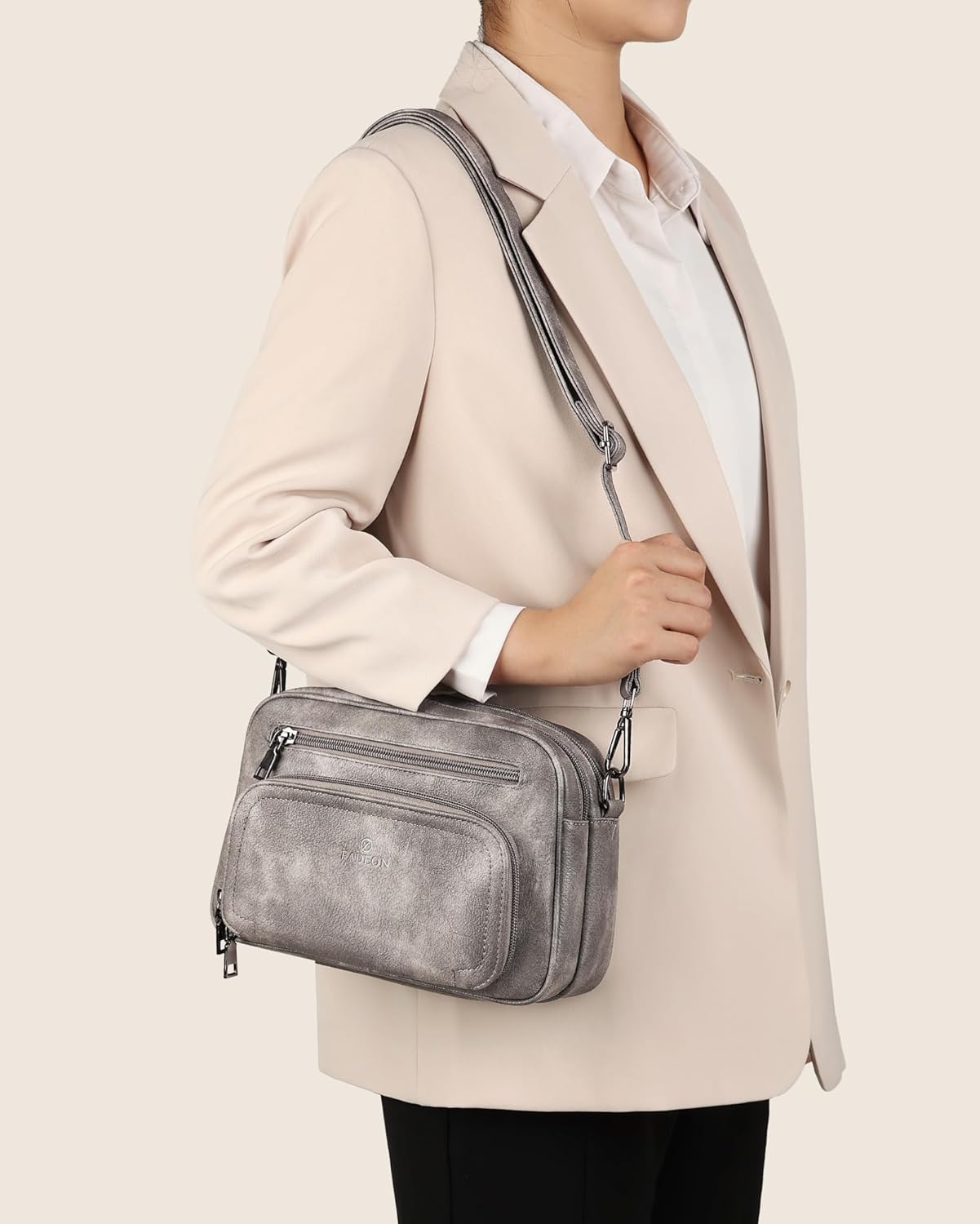 FADEON Crossbody Bags for Women Multi-pocket Leather Crossbody Purses, Designer Shoulder Bag Adjustable Removable Strap Grey - Image 2