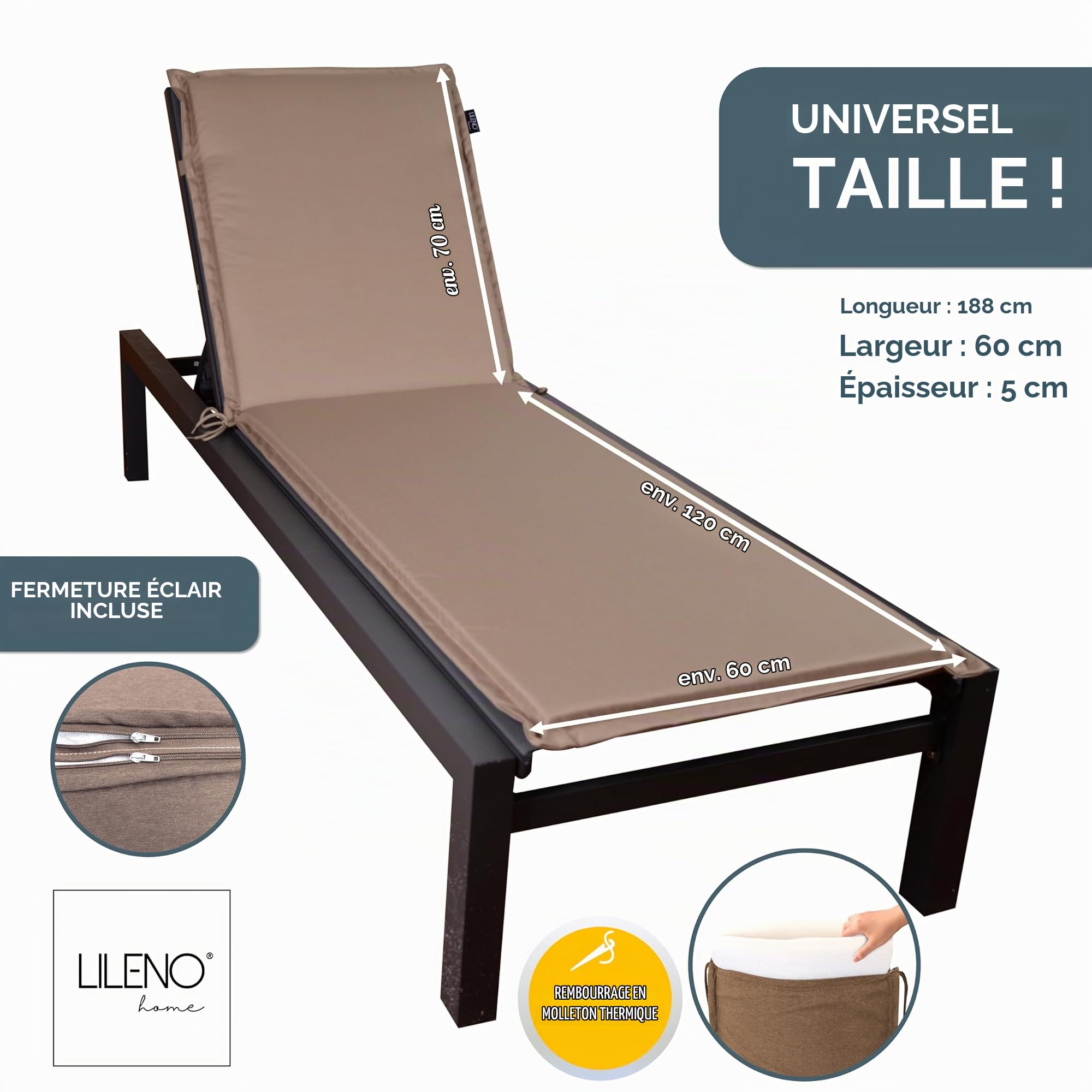 LILENO HOME MIA Coussin pour chaise longue de jardin - 1 pièce - Chaise longue à roulettes - Taupe - Idéal pour chaise longue de plage - Rembourré - 188 x 60 x 5 cm