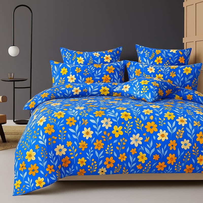 BSB HOME 300 TC Microfiber XXL Soft Cotton Super King Size Bedsheet for Double Bed, King Size 108 Inches X 108 Inches, 9 Feet, 275 X 275 cm with 2 Large Size Pillow Covers - Blue and Rust