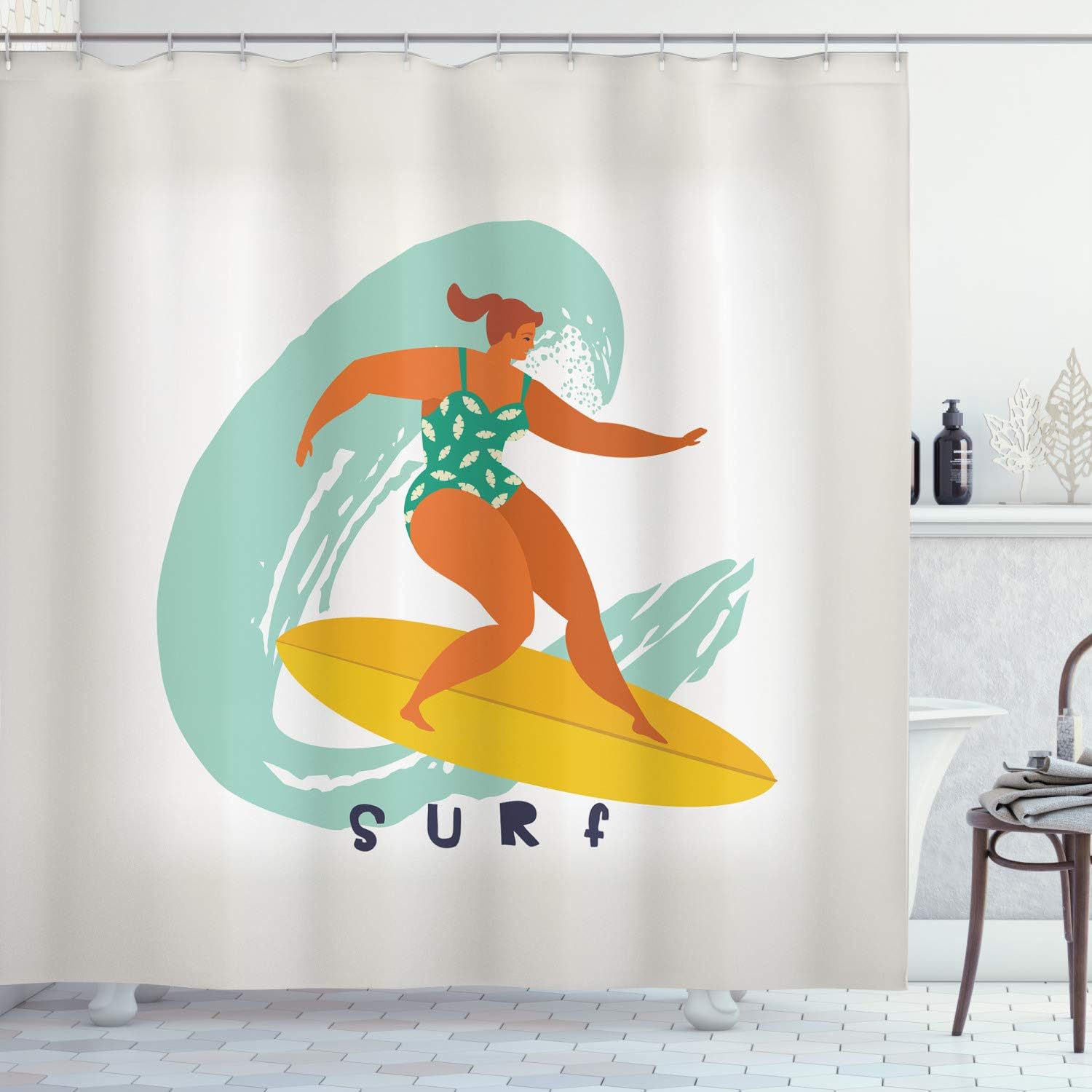 Ambesonne Wave Shower Curtain, Woman Surfer at Sea Summertime Warm Doodle Art, Cloth Fabric Bathroom Decor Set with Hooks, 69" W x 70" L, Almond Green Coconut Earth Yellow and Burnt Orange