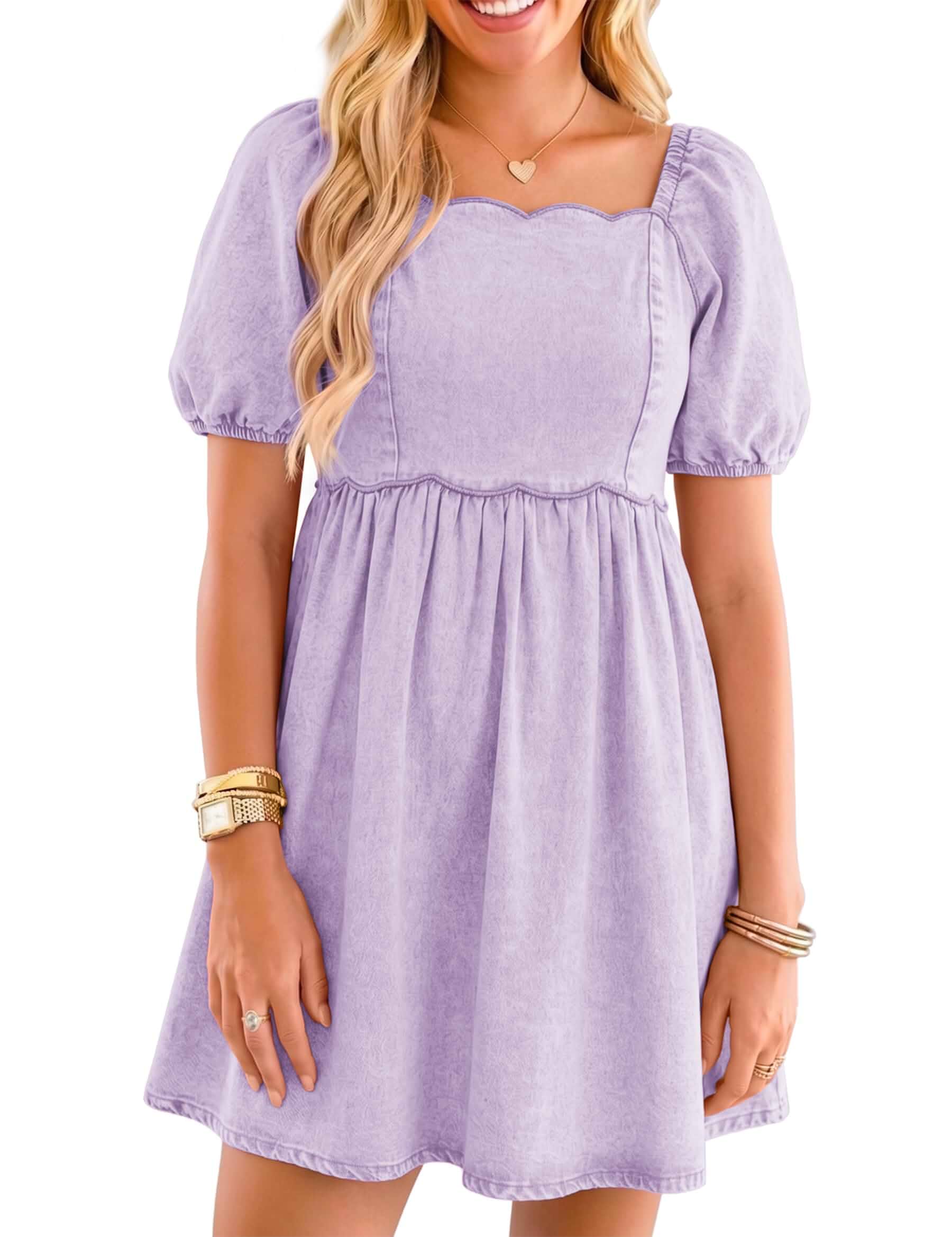 Denim Dress for Women Western Jean Babydoll Country Concert Outfits Baby Doll, Cowgirl, Puff Sleeve, Sweetheart Neckline, Mini, Casual, 2026 Romper with Pockets, Festival, Summer, Spring, Fall