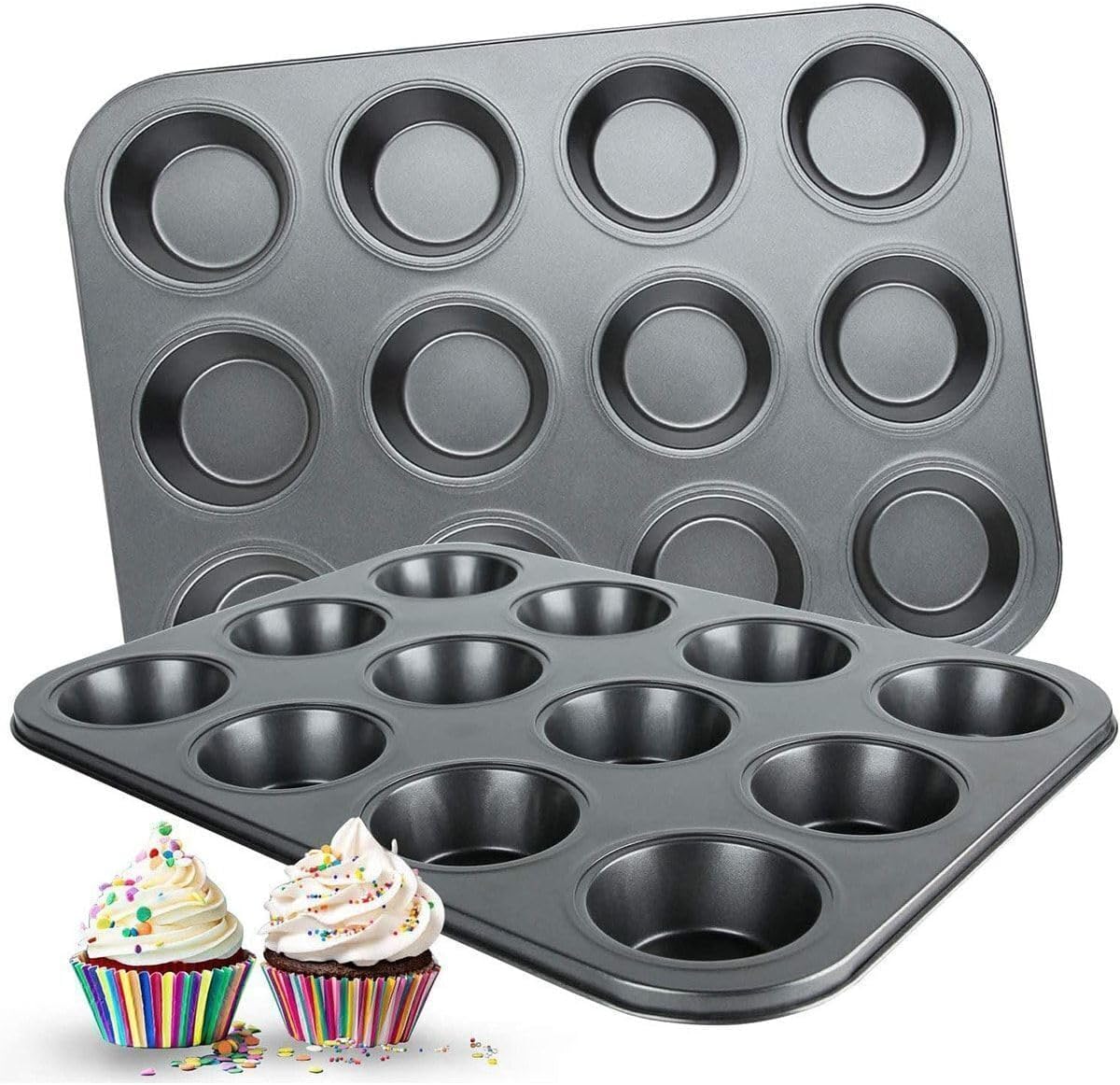 SODEF Muffin Pan 12 Cup Nonstick Carbon Steel Cupcake Baking Mold Tray Bakeware - Black