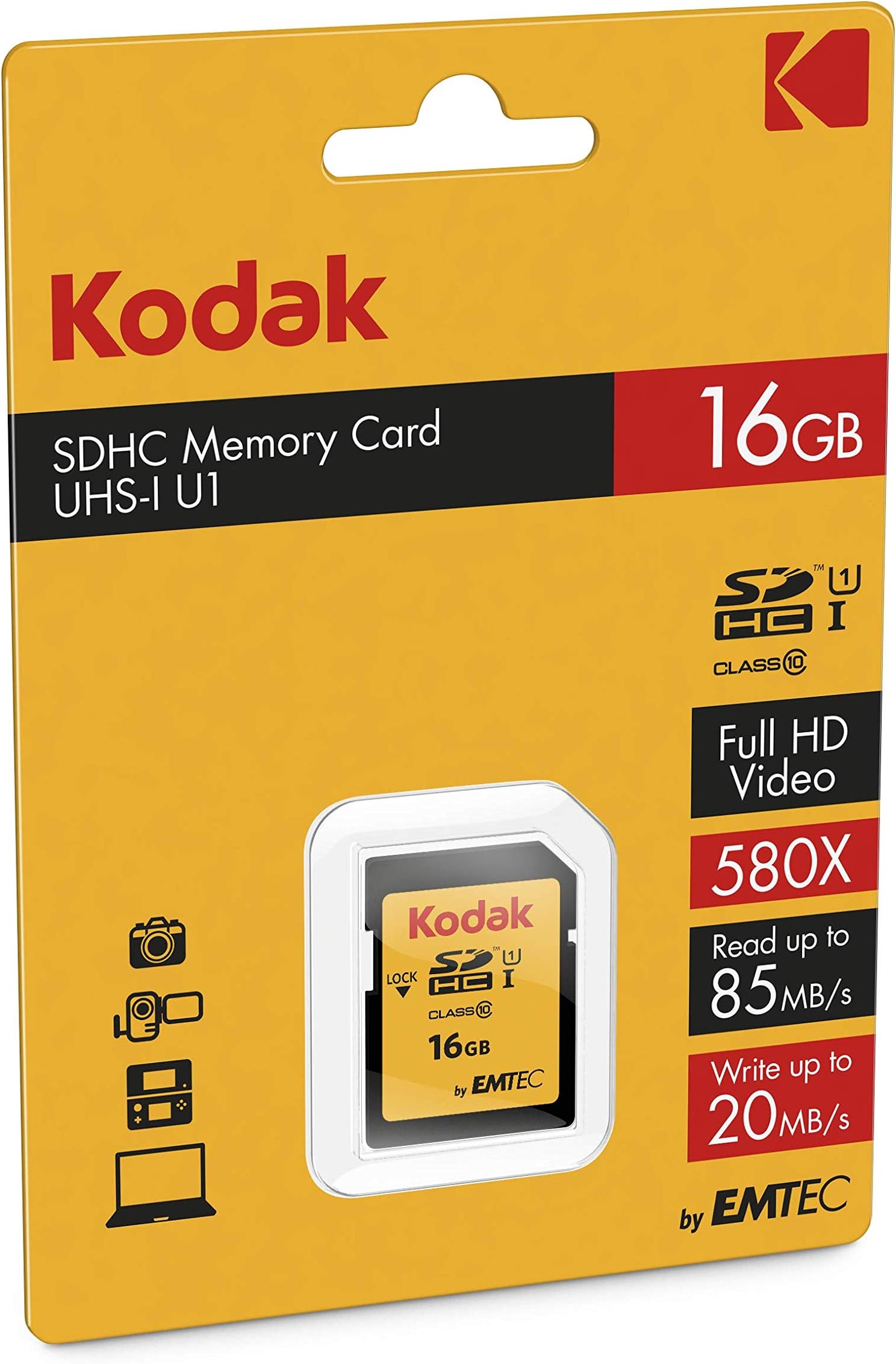 Kodak SDHC Card 16GB UHS-I U1 V10 Premium, up to 85MB/s Read Speed, for Full HD Video and High-Resolution Pictures, Compatible with SDHC Standard - EKMSD16GHC10K