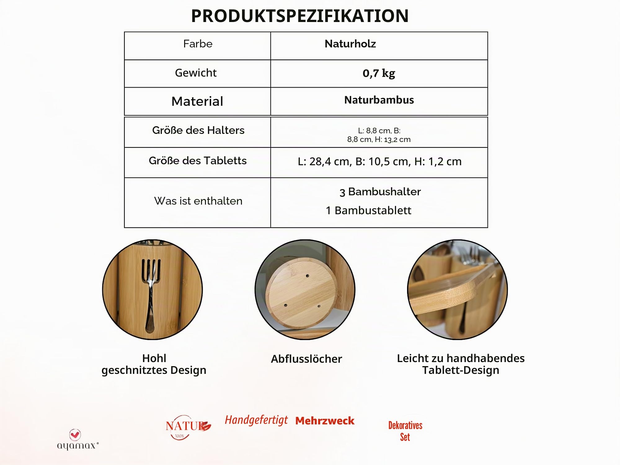Bambus-Besteckhalter-Set – 3 Küchenutensilienhalter Besteck-Organizer mit Bambus-Tablett | Dekorativer Küchen-Arbeitsplatten-Besteckständer | Utensilienhalter – Messer-, Gabel- und Löffelhalter