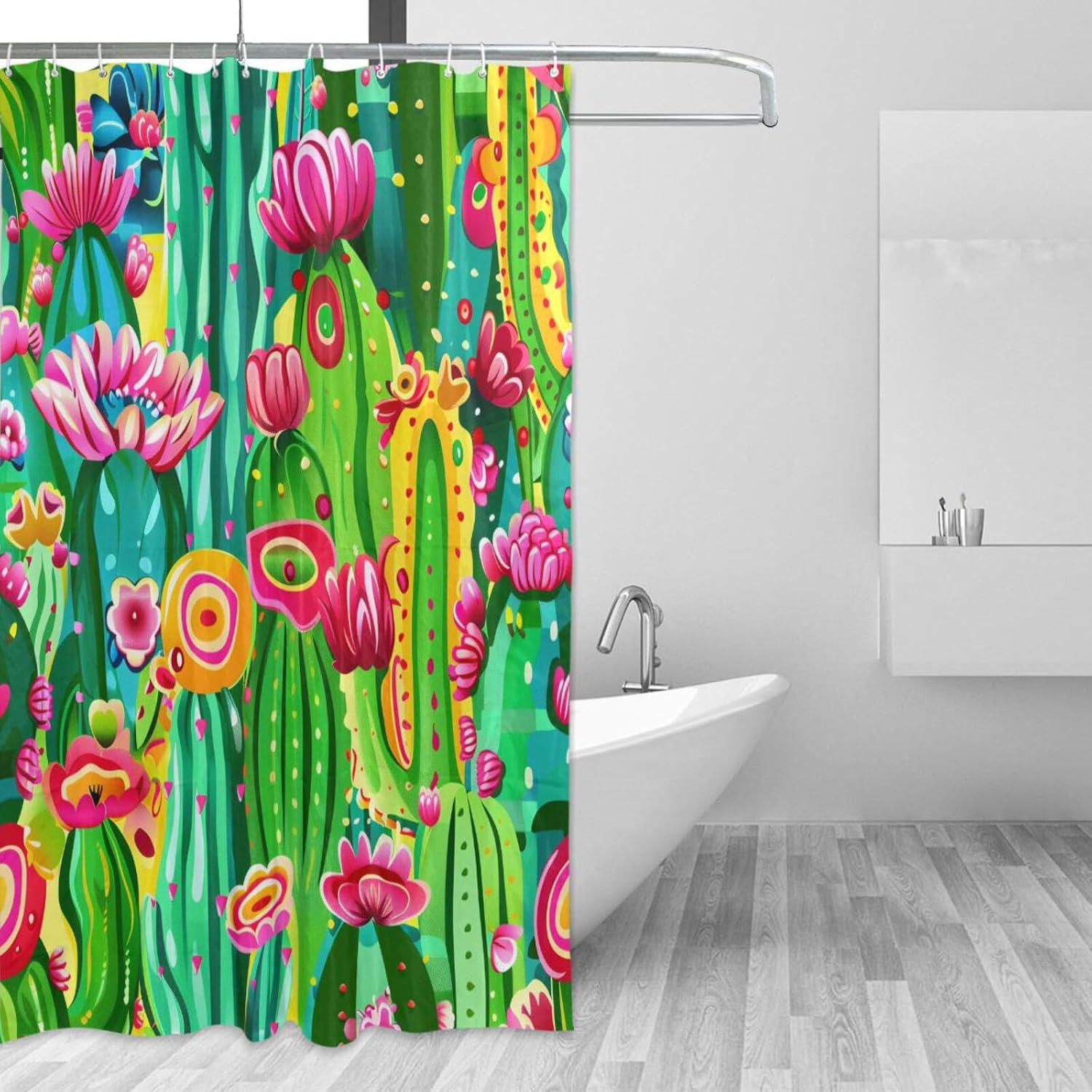 66x72 Inch Cloth Water Proof Shower Curtain Washable with Hook Psychedelic Cactus Polyester Curtain Fabric Washable Chic Liners for Bathroom Curtain
