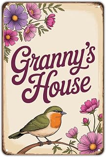 Granny's House Tin Sign Vintage Bird and Flowers Metal Sign for Outdoor Garden Yard Cafe Porch Kitchen Gift Home Wall Decor 8 x 12, Easy to Hang