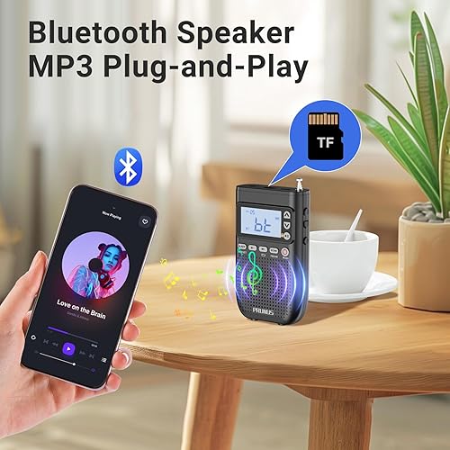 Miniatura 3 de PRUNUS J-618 Radio portátil AM FM a auricular Bluetooth, como altavoz Bluetooth, radio recargable de 2000 mAh, preestablecido, reproducción