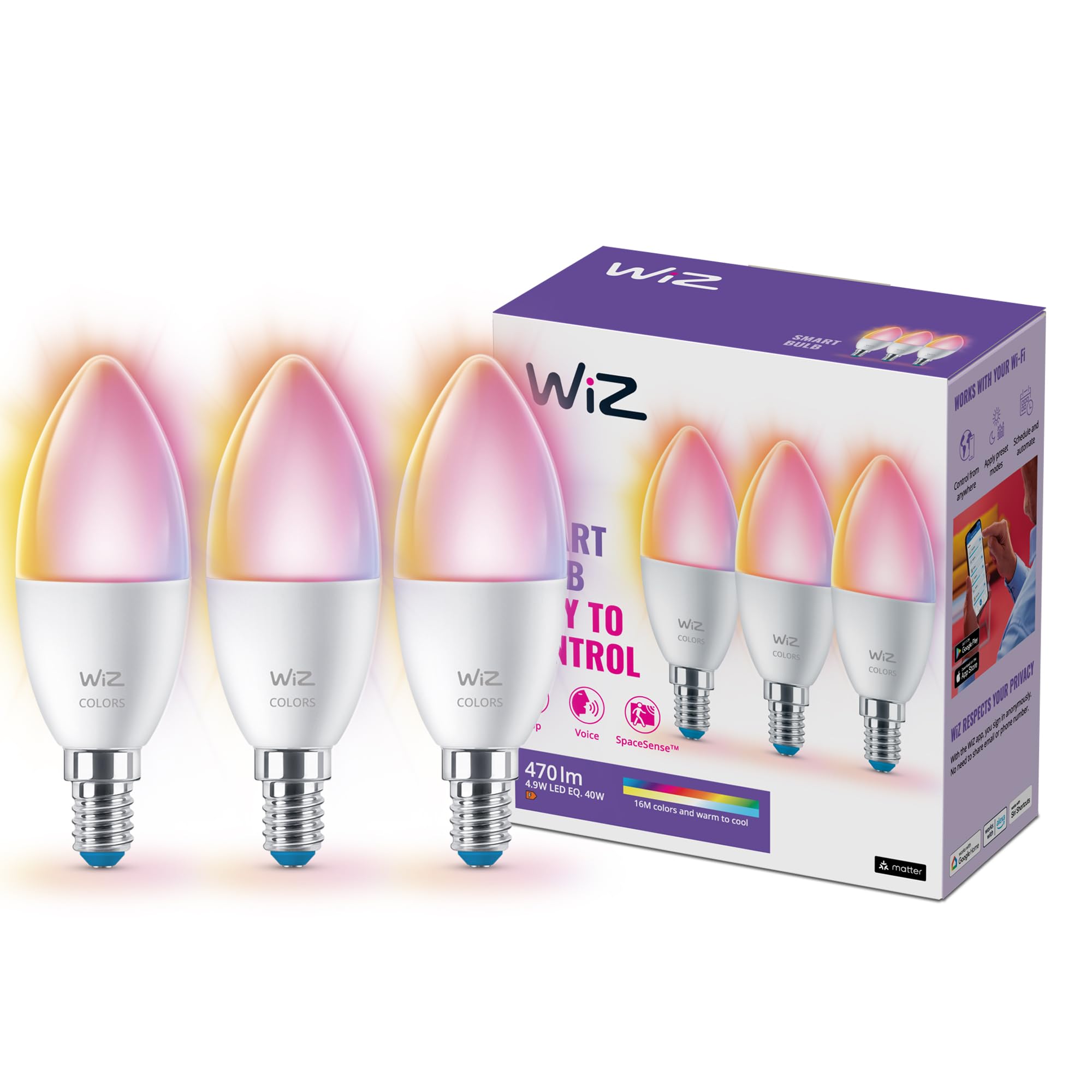 WiZ inteligente E14 LED lámpara en un paquete de 3-40W, con 16 millones de colores + tonos blancos, WLAN/Bluetooth, control de voz/aplicación, funciona con Google Home, Alexa y HomeKit
