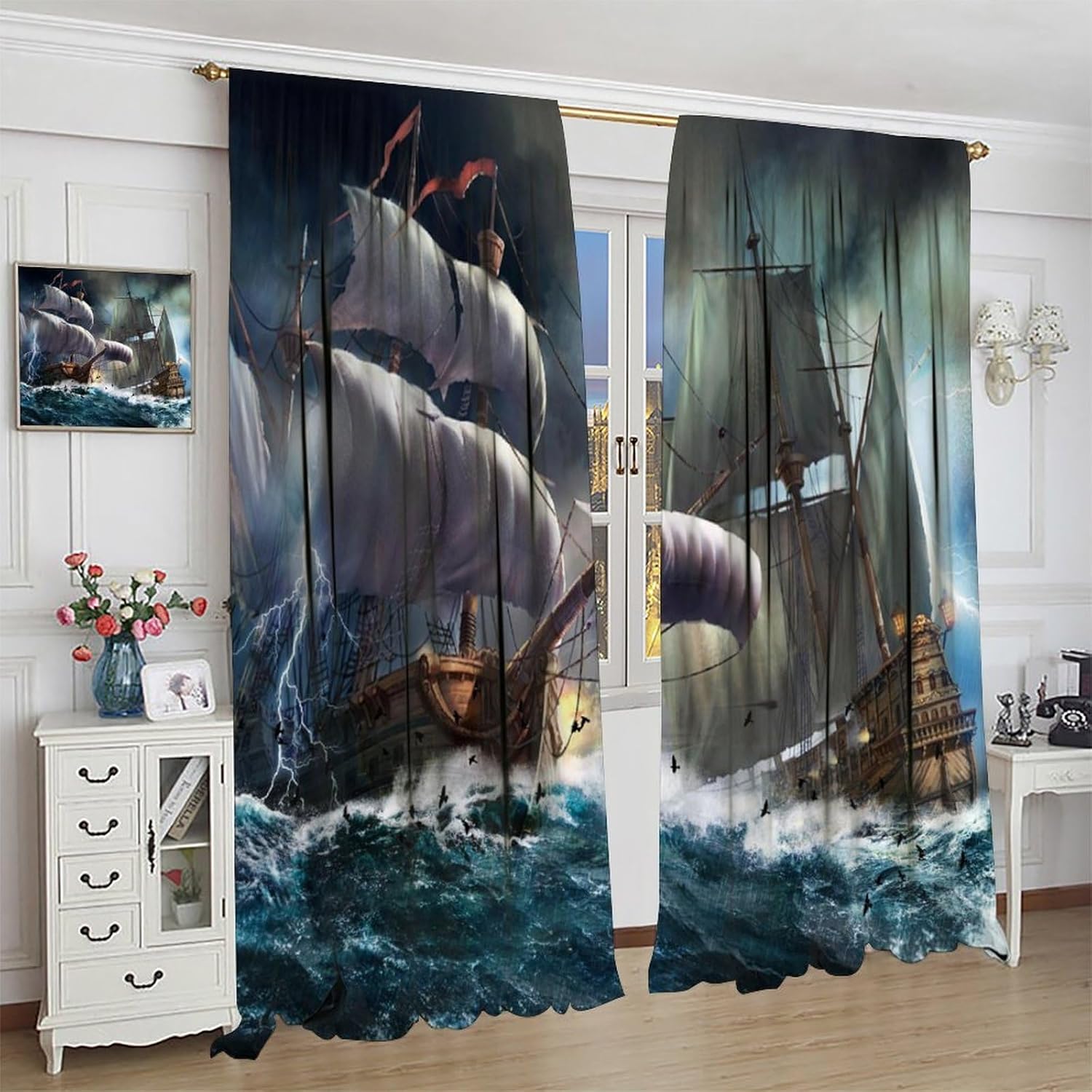 Brebasf Abstract Nautical Pirate Ship Blackout Rod Pocket Curtains,Vintage Mid Century Wooden Board Battleship Ocean Wave Thermal Insulation Room Darkening Window Drapes 2 Panels 84" L x 42" W