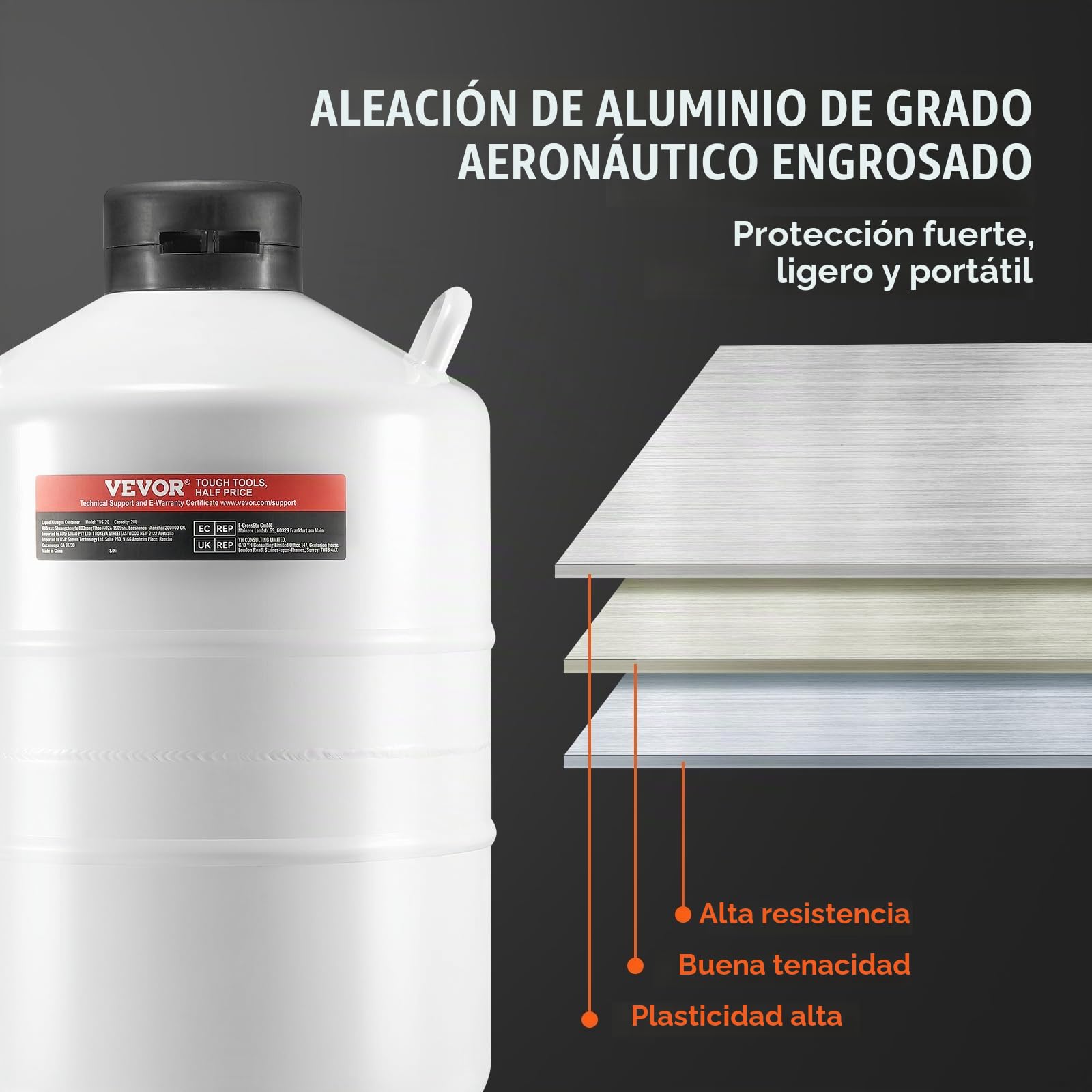 VEVOR Tanque de Nitrógeno Líquido Contenedor de Nitrógeno Líquido de Aleación de Aluminio de 20 L, Tanque LN2 con 6 Botes y Bolsa de Transporte con Correas para Conservación de Semen, Científico