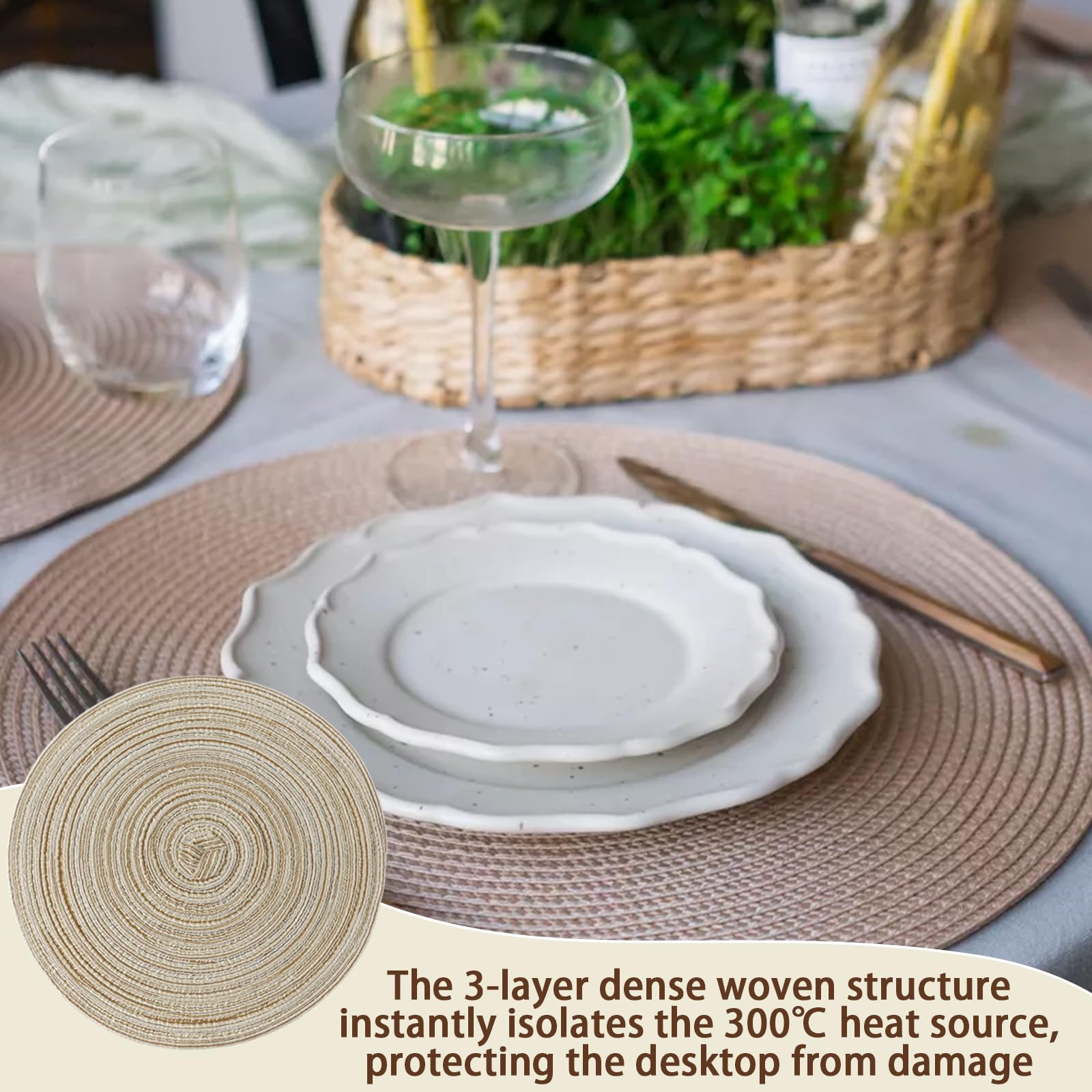 8 Piezas Manteles Individuales Redondos Lavables 38 cm Trenzado, Place Mats for Dining Table, Antideslizante Salvamanteles Mantel Individual Redondo Beige para la Mesa de Cocinaa — view 6