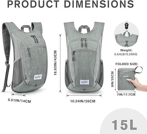 Miniatura 3 de G4Free Mochila de senderismo de 10L15L Mochila de senderismo plegable ligera Mochila de viaje pequeño al aire libre plegable bolsa de hombro, Gris,