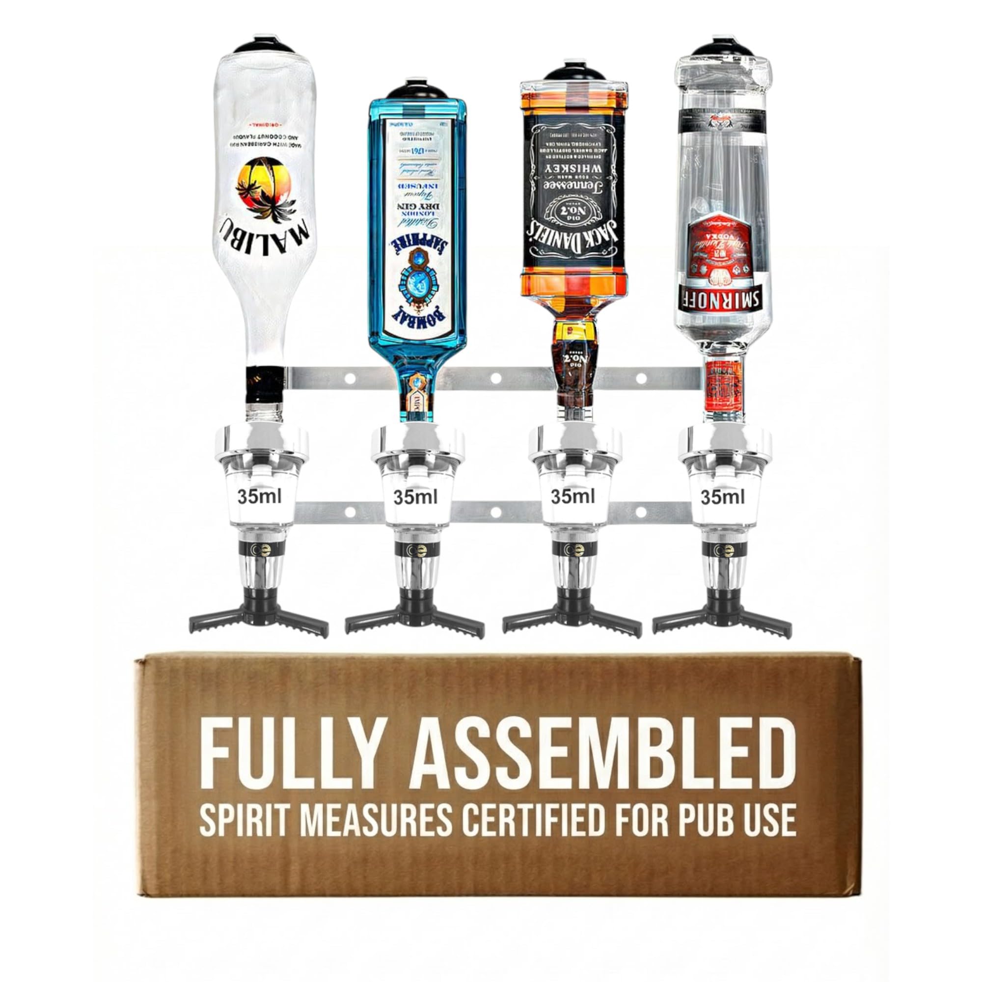 Chabrias Ltd 4 Bottle Traditional Bottle 4 Wall Bar Rail + 35Ml Chrome Optics Uk Made, Fully Assembled Metal Bracket & Pub Trade Compliant Traditional Spirit Optic, Fits 70Cl–1.5L Bottles