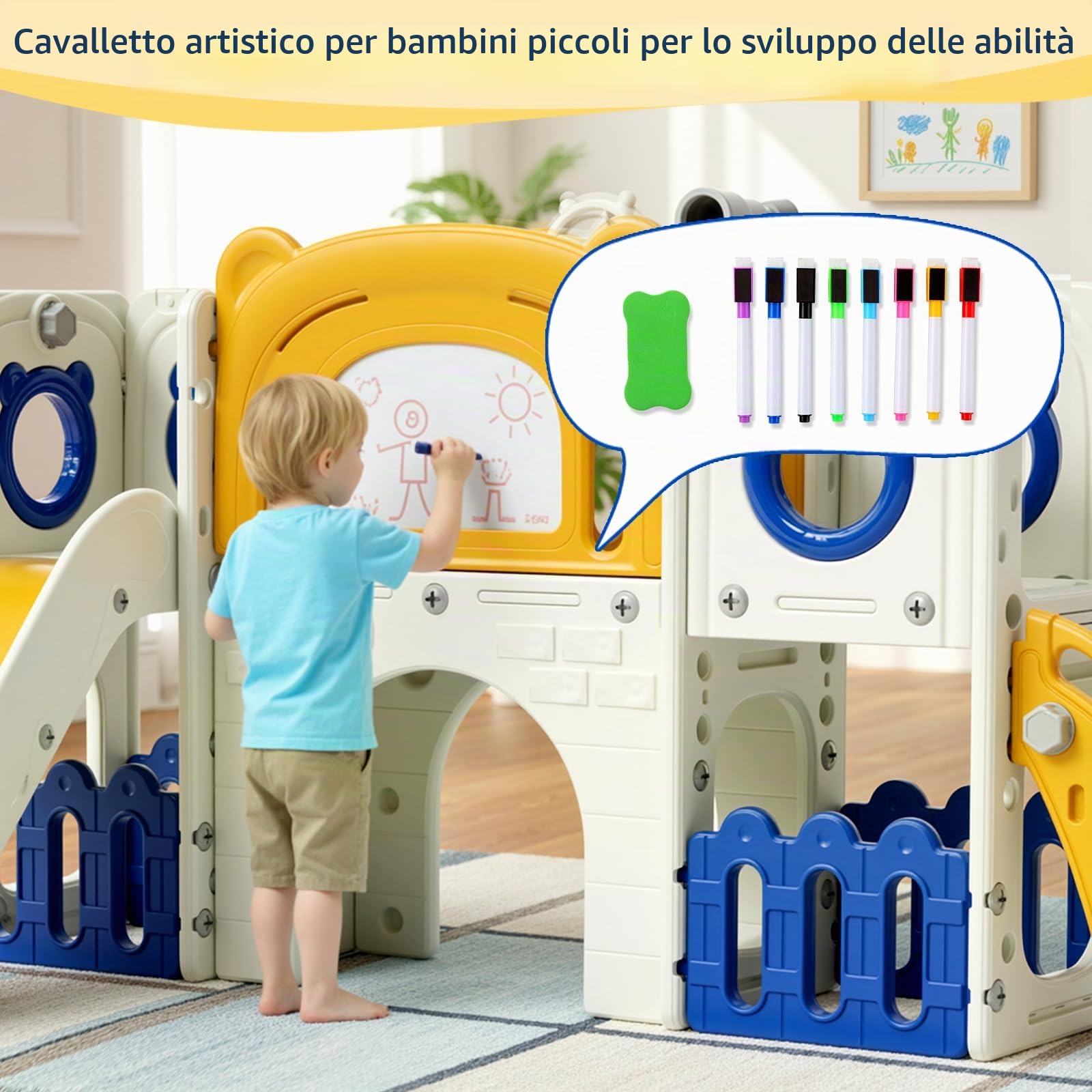 MAMIZO 10 in 1 Scivolo per Bambini, Scivolo Giocattolo da Interno o Esterno Canestri da Basket e Telescopi, Scivolo da Giardino Spazio di Deposito e Tunnel, mit 4PCS Moduls, Blu Giallo